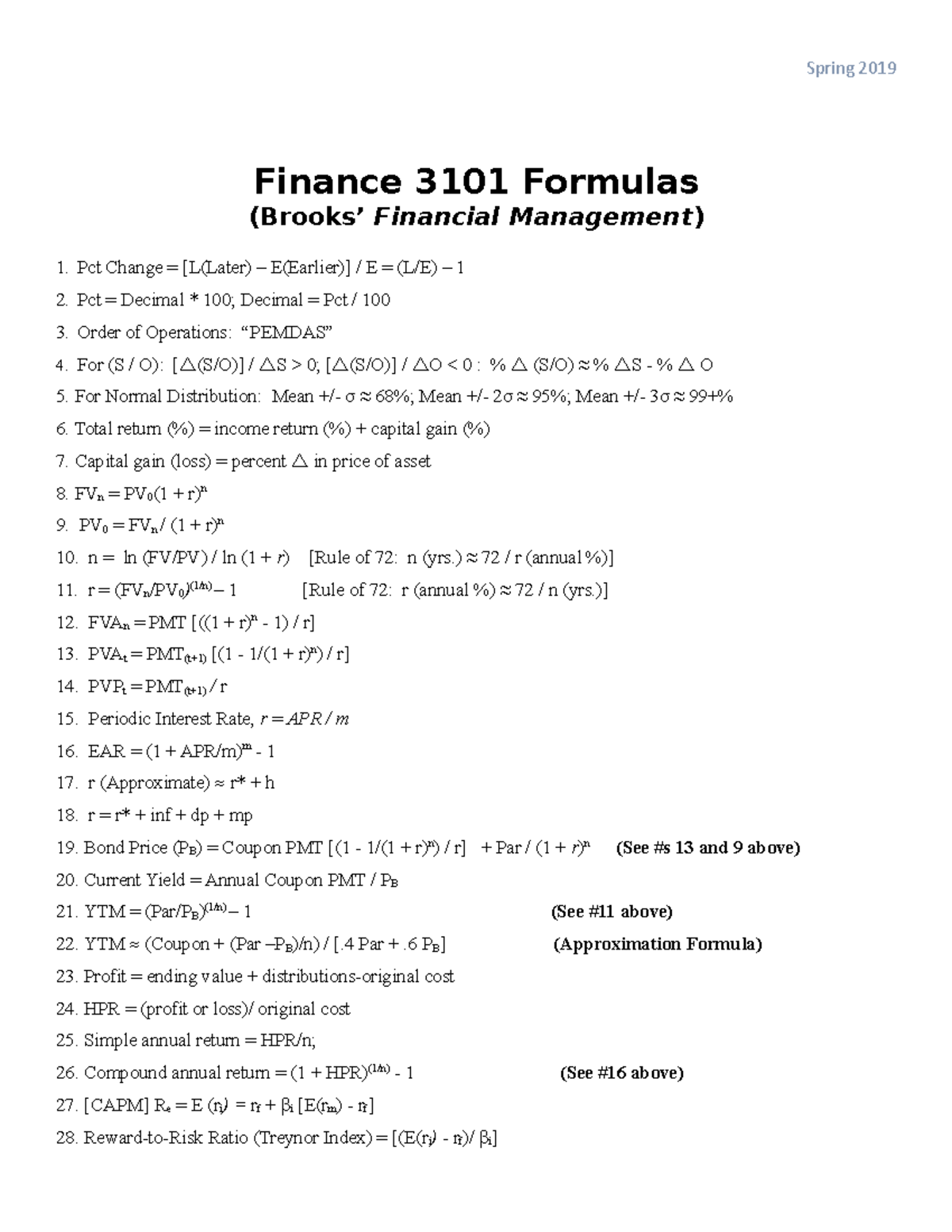 Formula Sheet Finance 3101 Spring 2019 Finance 3101 Formulas Brooks 