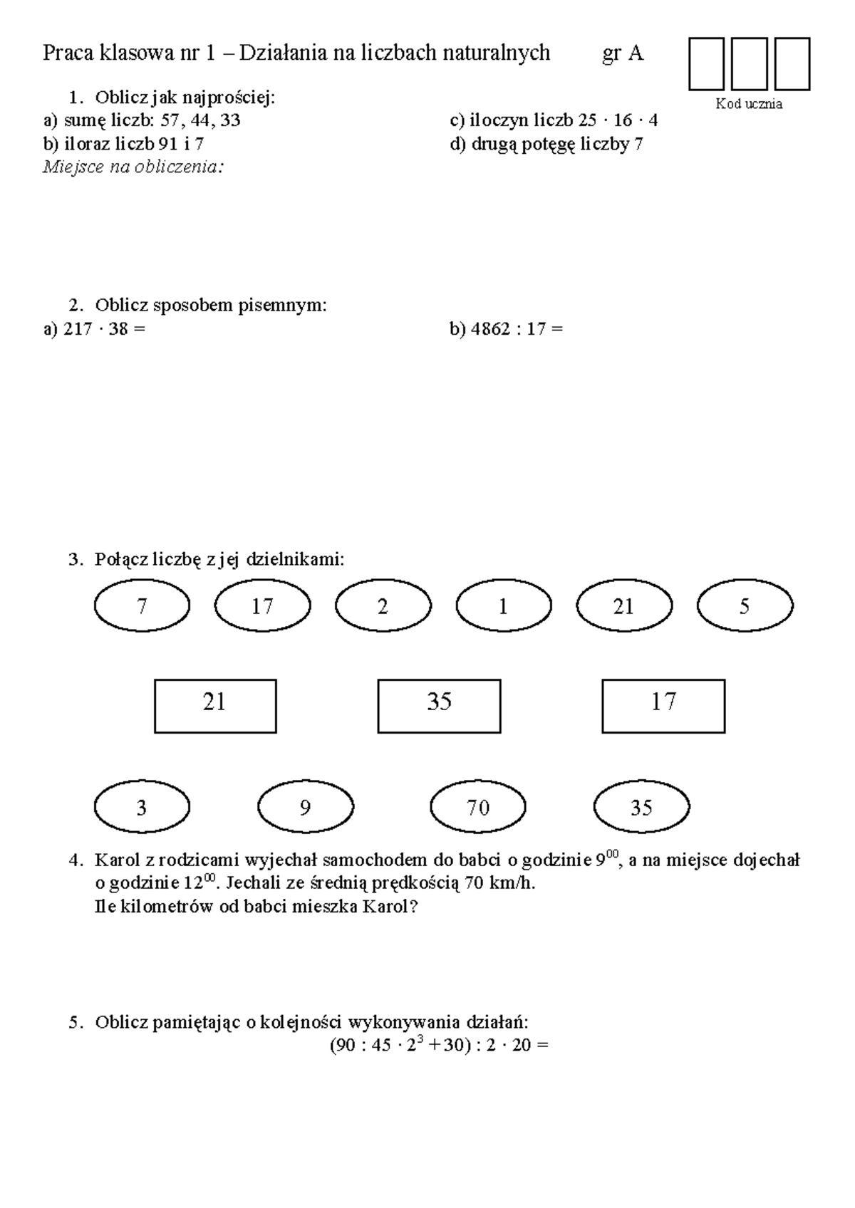 Praca kl nr 1 dzialania na liczbach 5a - Praca klasowa nr 1 – Działania