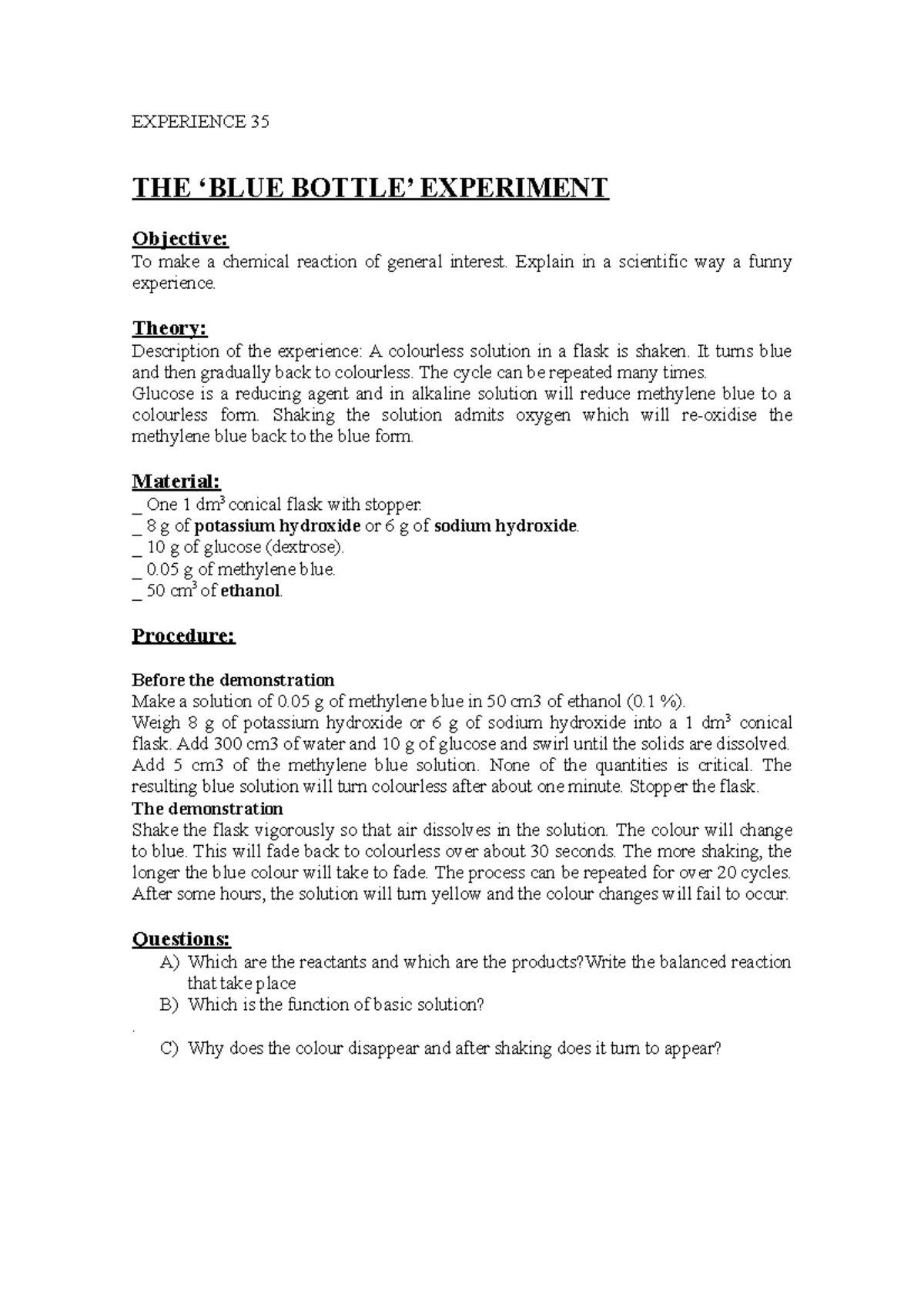 The ‘blue bottle’ experiment EXPERIENCE 35 THE ‘BLUE BOTTLE