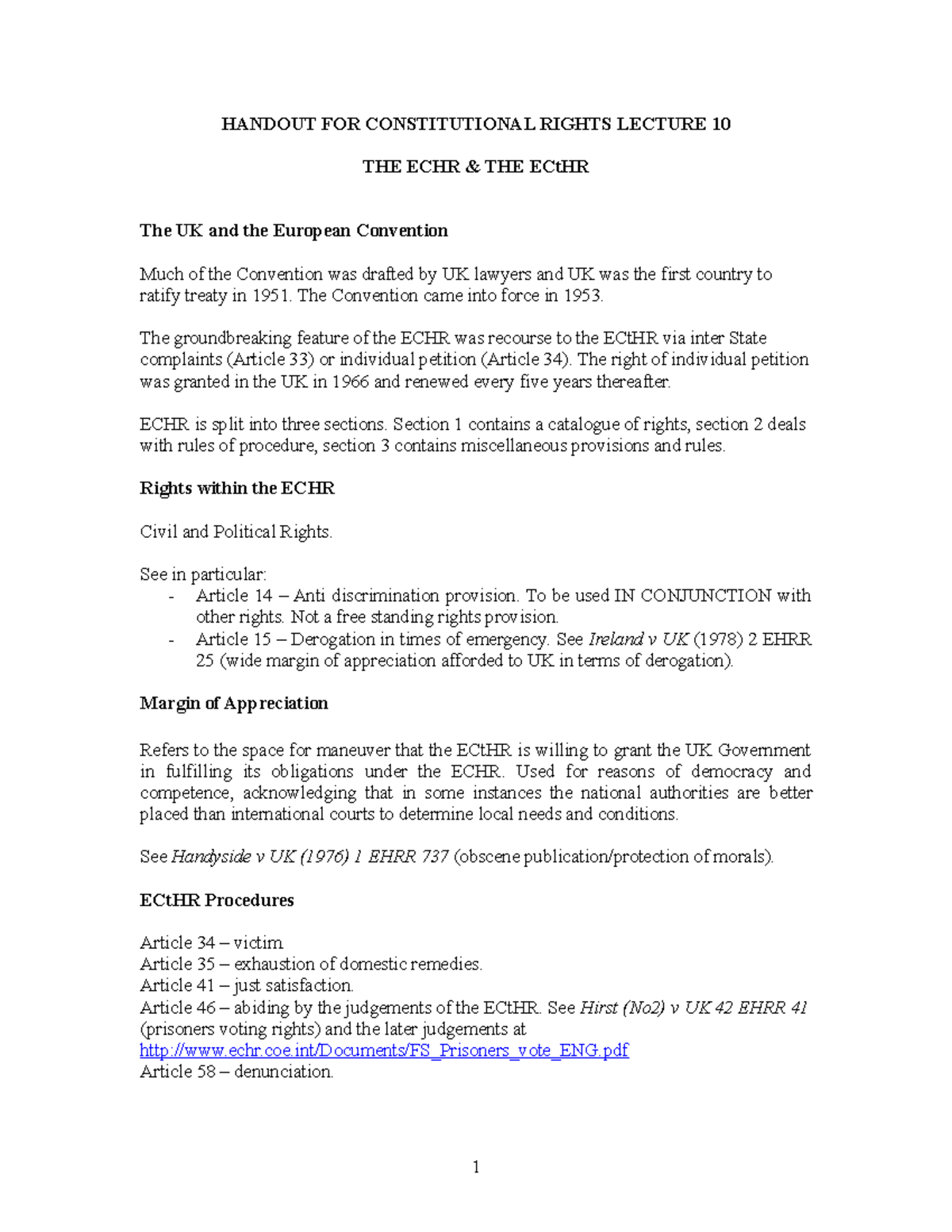 Lecture 10 Handout - ECHR and the HRA(2)-2 - HANDOUT FOR CONSTITUTIONAL ...