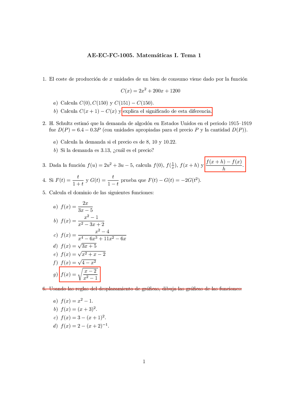 Problemas Tema 1 - AE-EC-FC-1005. Matem ́aticas I. Tema 1 El Coste De ...