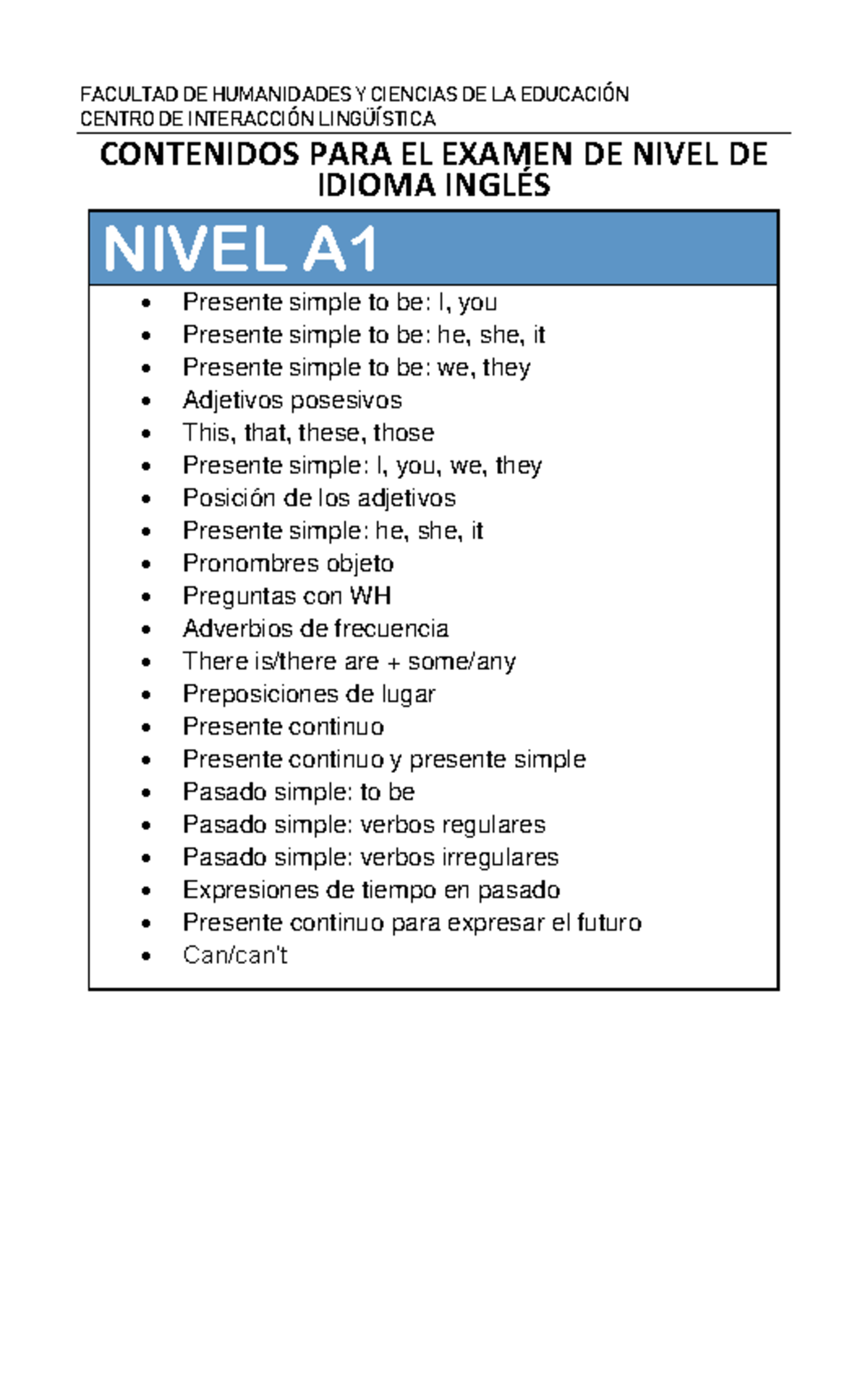 Contenidos Examen Nivel Ingles - CENTRO DE INTERACCI”N LING‹ÕSTICA ...