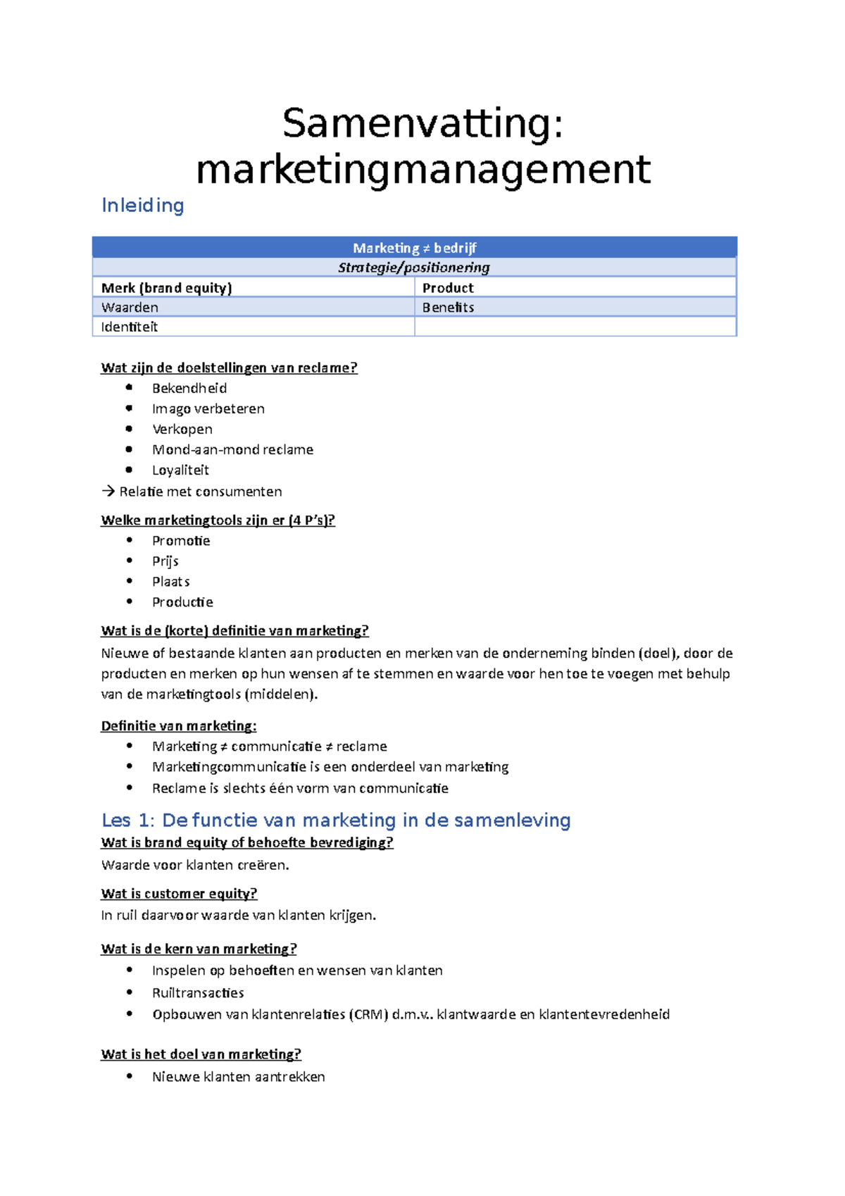 Samenvatting Marketingmanagement - Definitie Van Marketing: Marketing ...