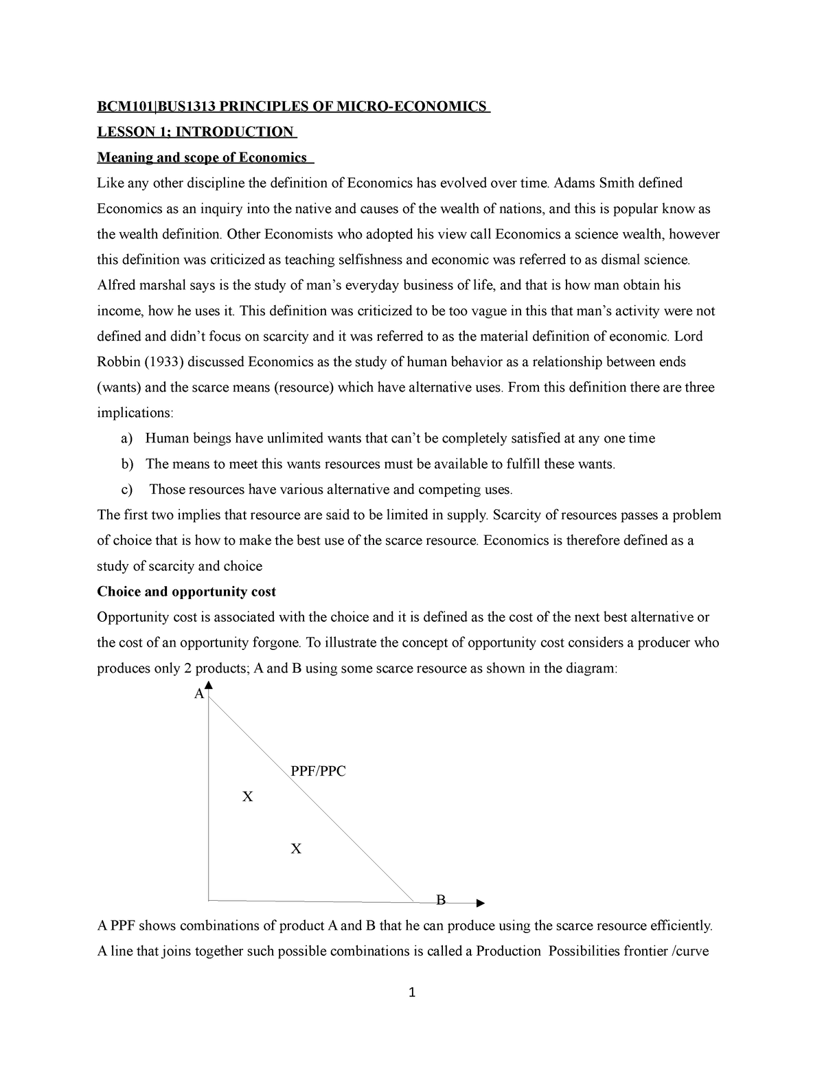 Lesson 1 Notes - BCM101|BUS1313 PRINCIPLES OF MICRO-ECONOMICS LESSON 1 ...