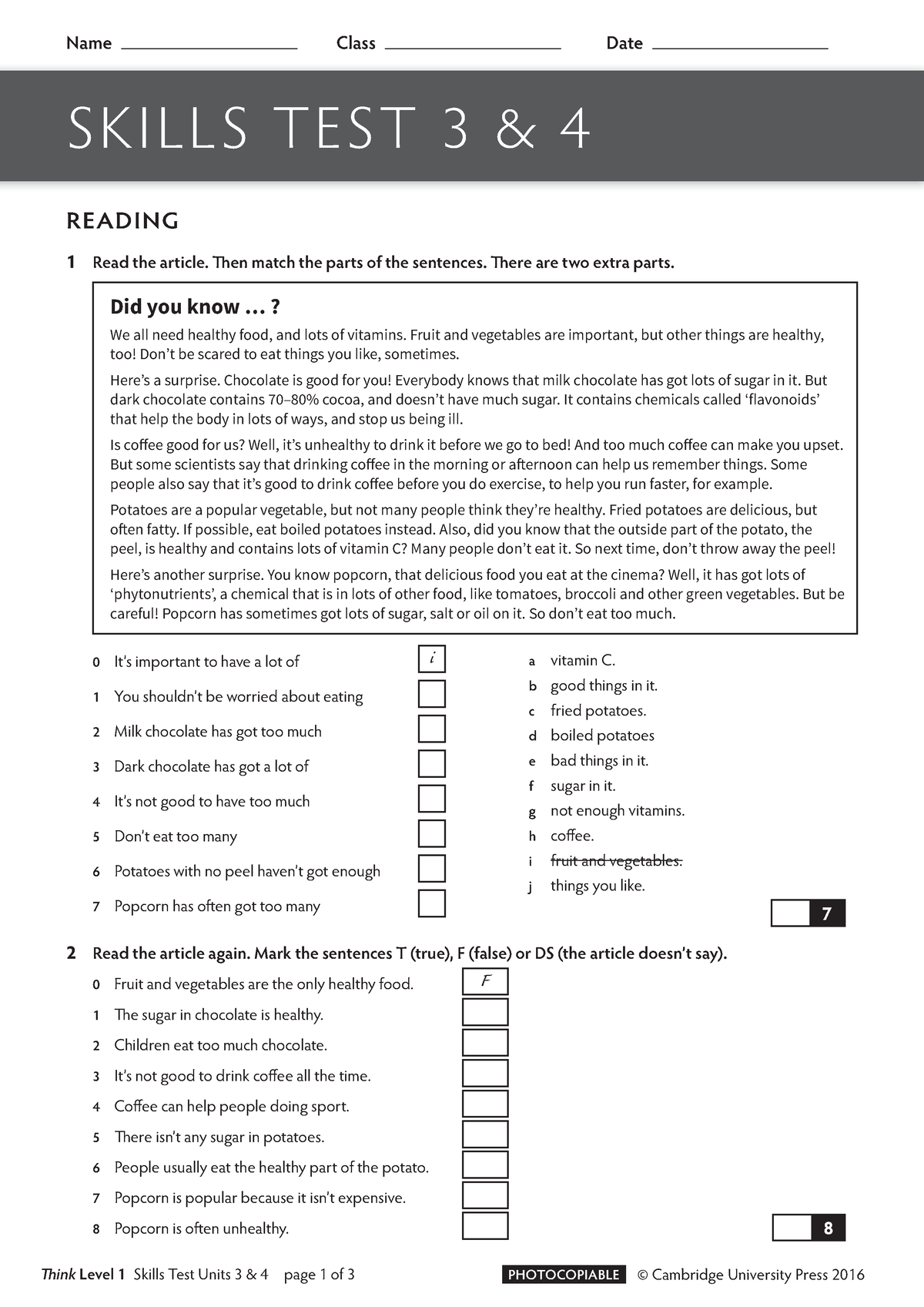 Think Level 1 Skills Test Units 3-4 - SKILLS TEST 3 & 4 READING 1 Rea t ...