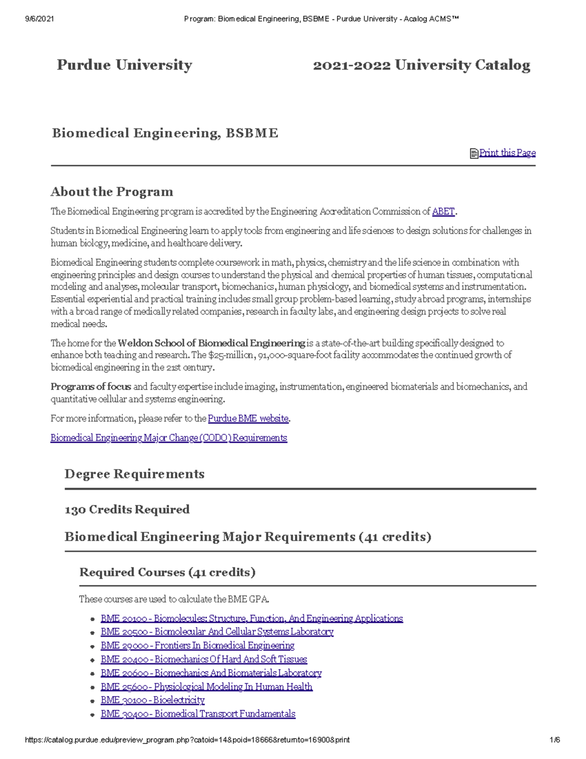 BME Purdue Plan of Study (Purdue) Document PDF 20212022 University