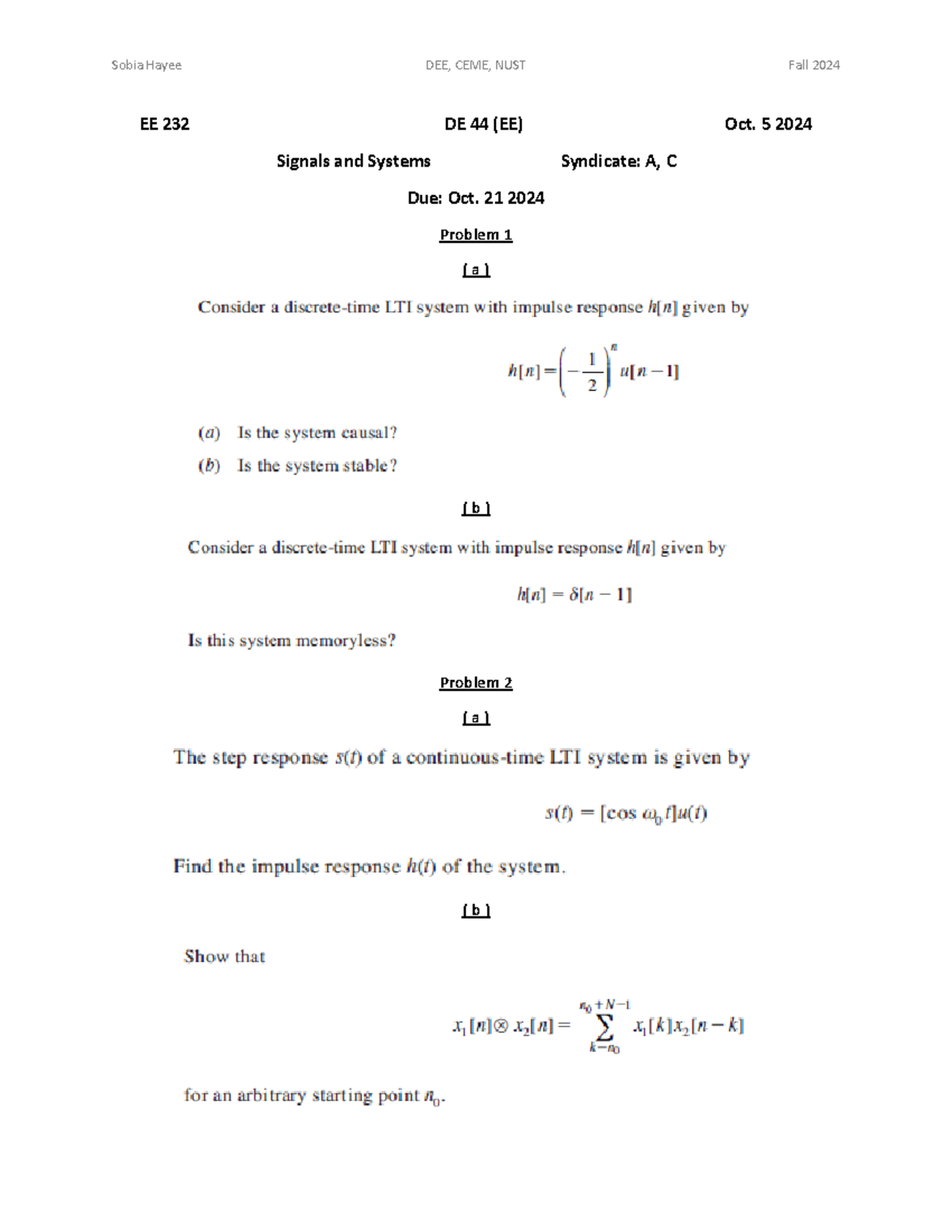 Assignment 1 SS - good - EE 232 DE 4 4 (EE) Oct. 5 2024 Signals and ...