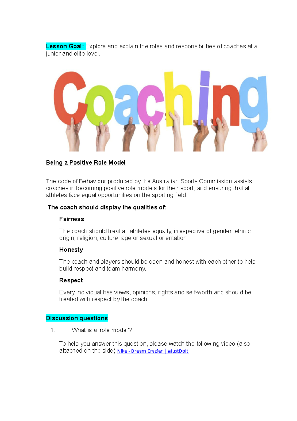 Coaching L3 - Lesson Goal: Explore and explain the roles and ...