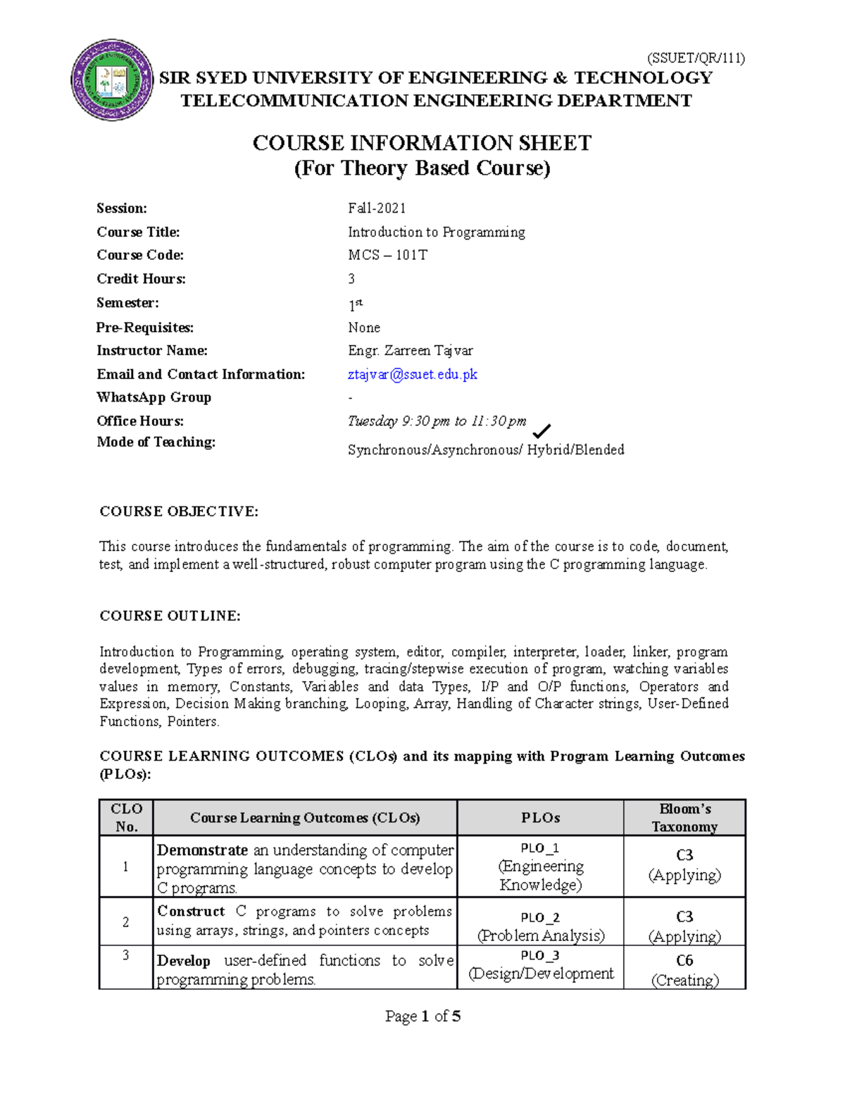 Template B CIS-Theory Based Course-Fall-2021 - SIR SYED UNIVERSITY OF ...