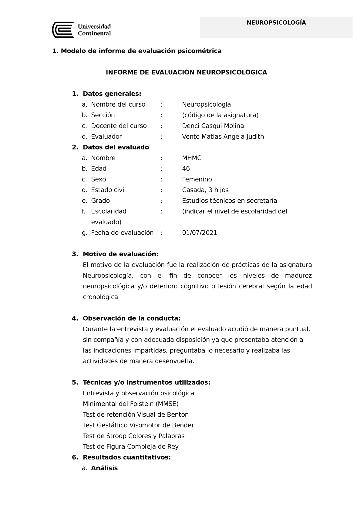 Modelo DE Informe DE Evaluación Neuropsicológica CON APLICACION - 1 ...