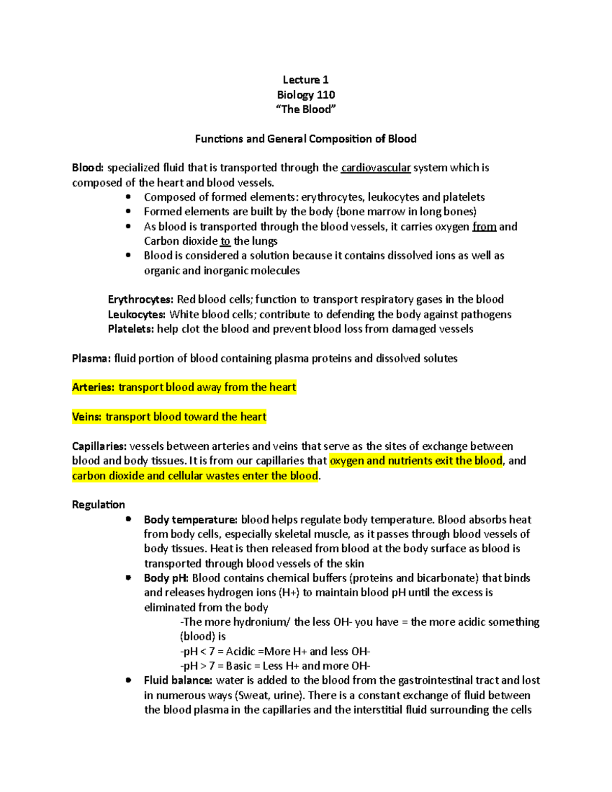 Bio110 Midterm 1 Study Notes - Lecture 1 Biology 110 “The Blood ...