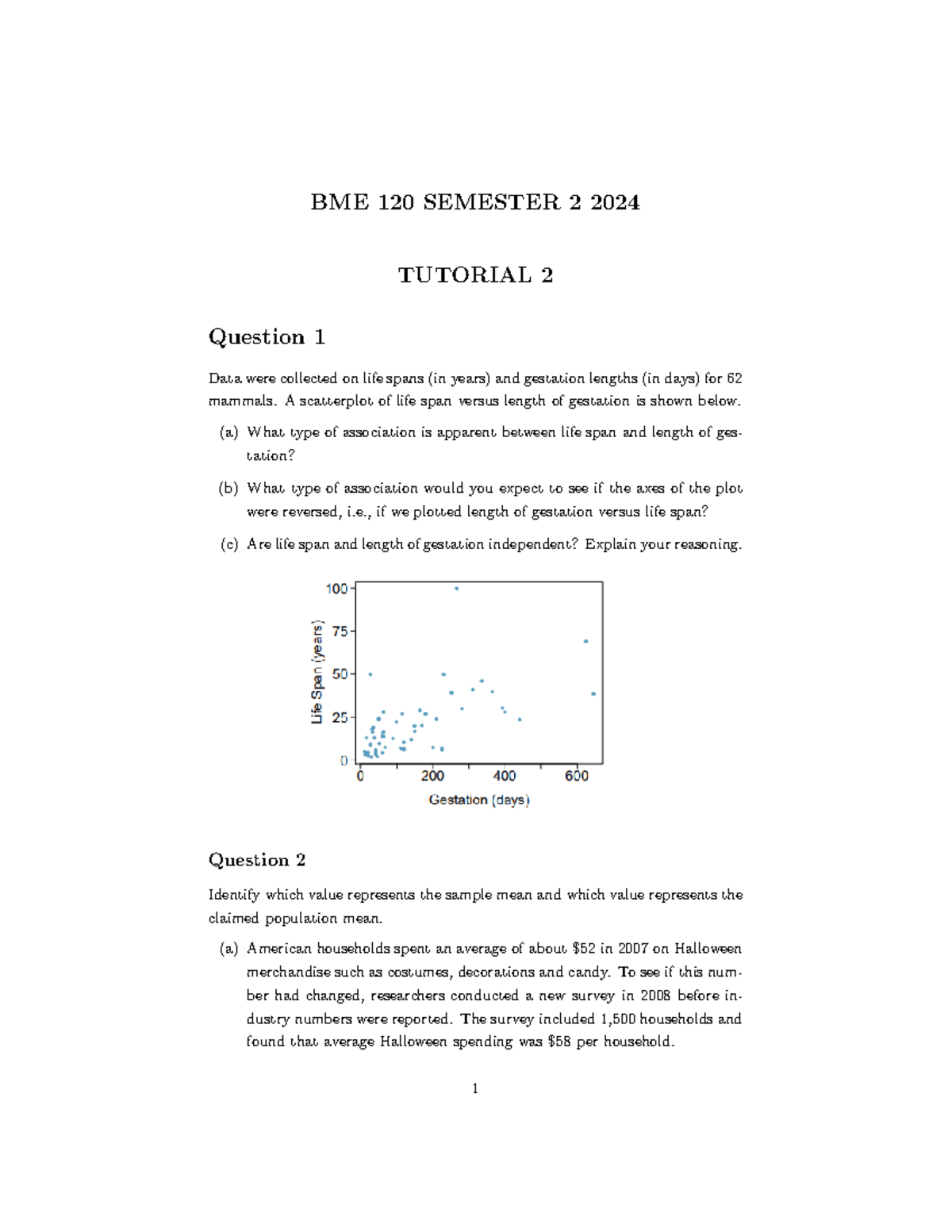 Tutorial 2 - BME 120 SEMESTER 2 2024 TUTORIAL 2 Question 1 Data were ...