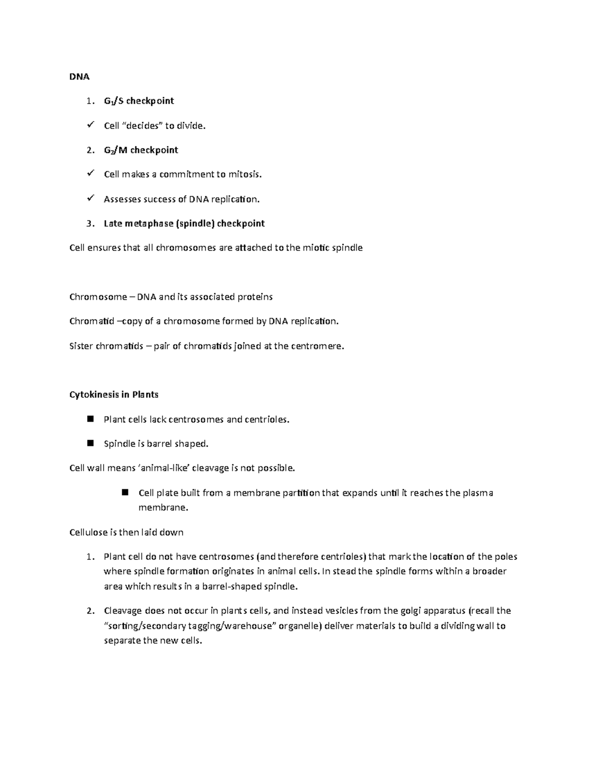 DNA - Notes - DNA G 1 /S checkpoint Cell “decides” to divide. G 2 /M ...