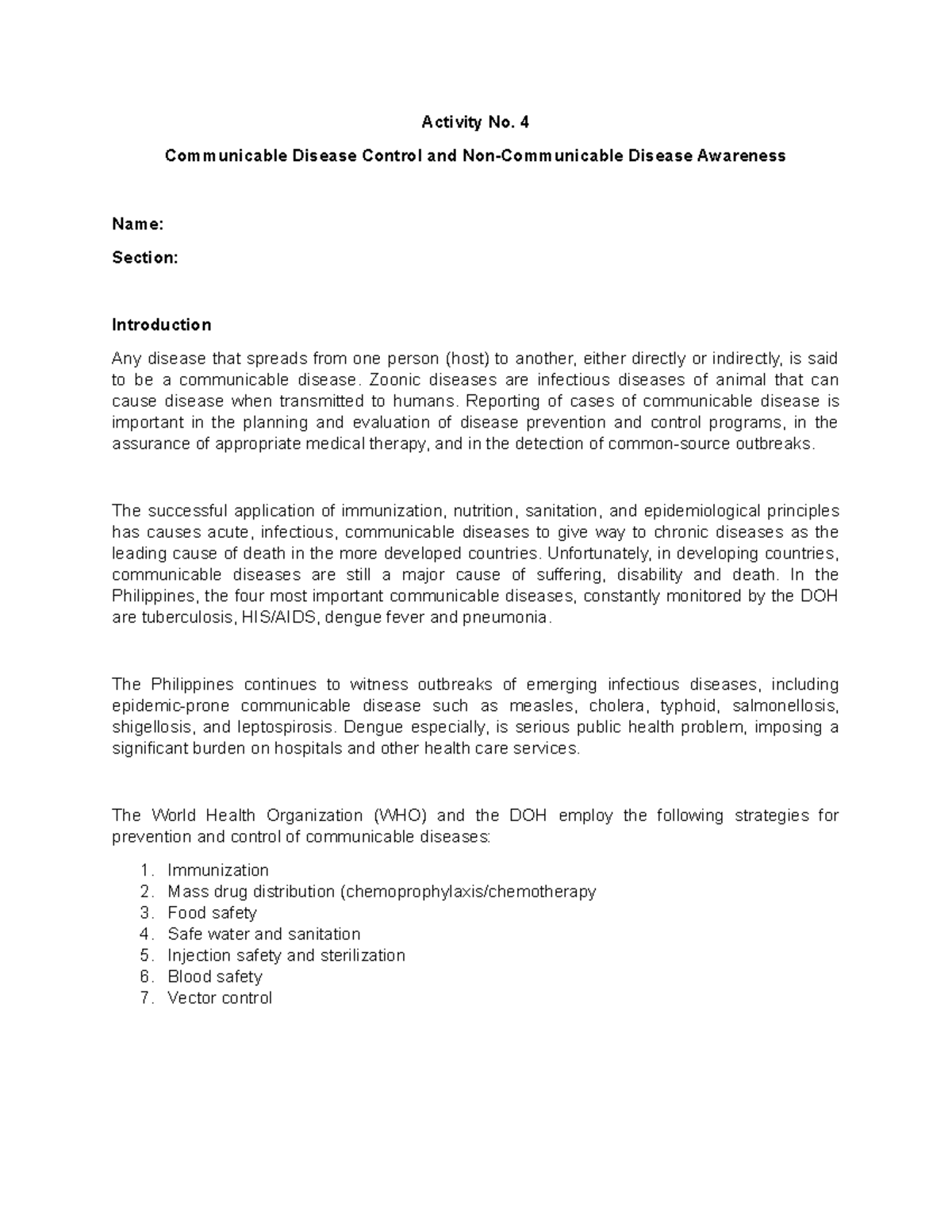 Activity No. 4 - Communicable and Non-communicable Disease - Activity ...