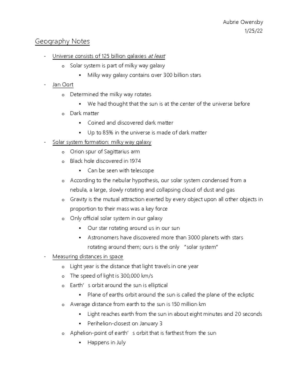 Geography Notes 2 solar system and the universe, space 1/25