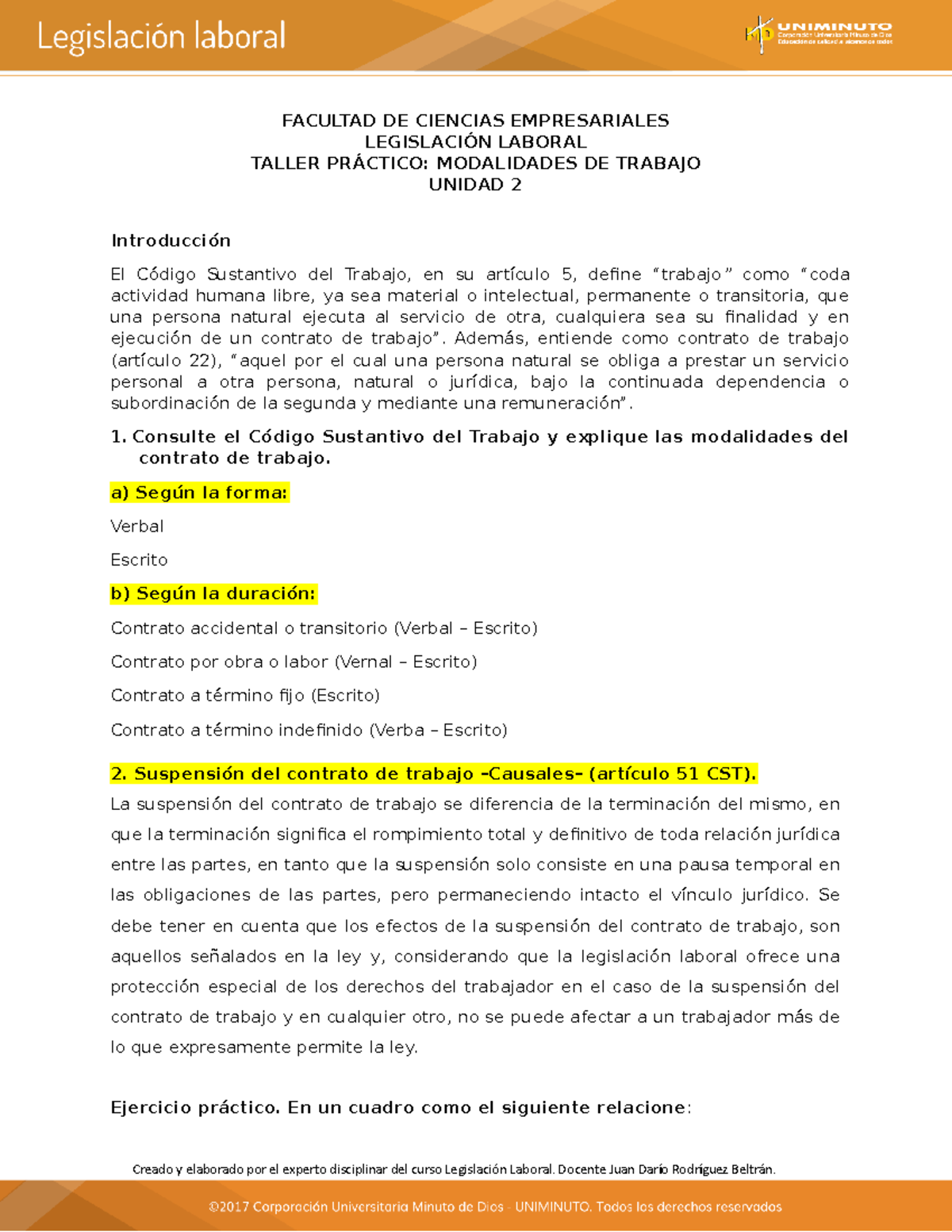 Taller Legislacion Laboral - FACULTAD DE CIENCIAS EMPRESARIALES ...