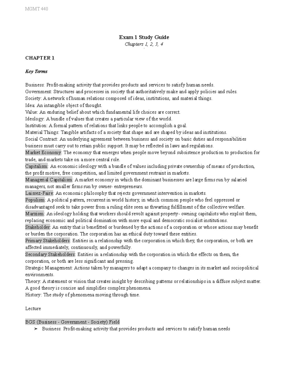 MGMT 440 Exam 1 Study Guide - MGMT 440 Exam 1 Study Guide Chapters 1, 2 ...