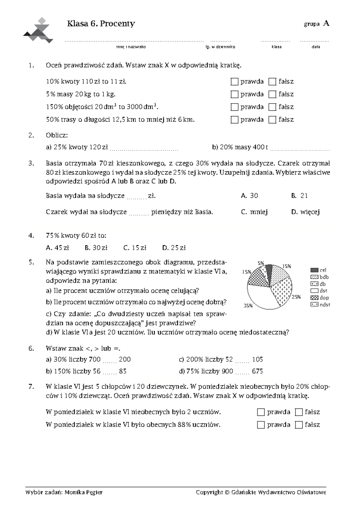 Sprawdzian Z Procentów Dla Klasy 6 www.studocu.com