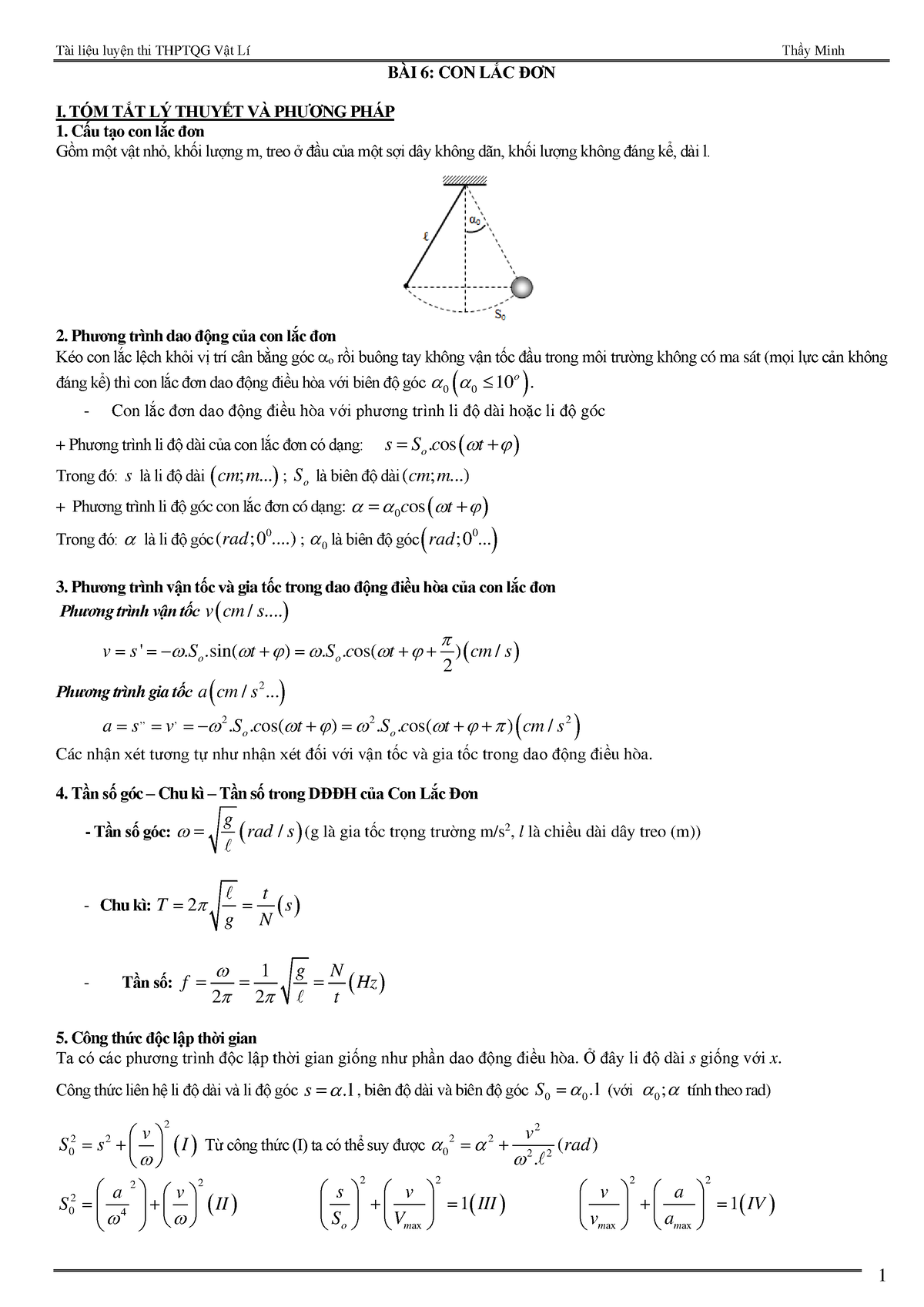 Bài 6 Con Lắc Đơn Online hs 12 sinh - BÀI 6: CON LẮC ĐƠN I. TÓM TẮT LÝ ...