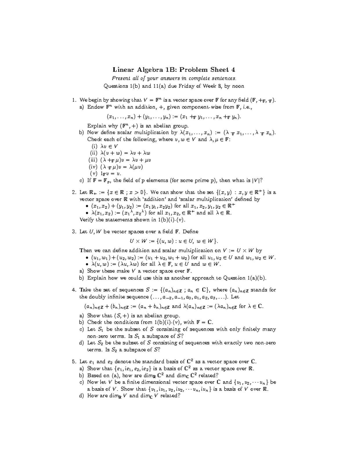 Linear Algebra 1B Problem Sheet4 - Questions 1(b) And 11(a) Due Friday ...