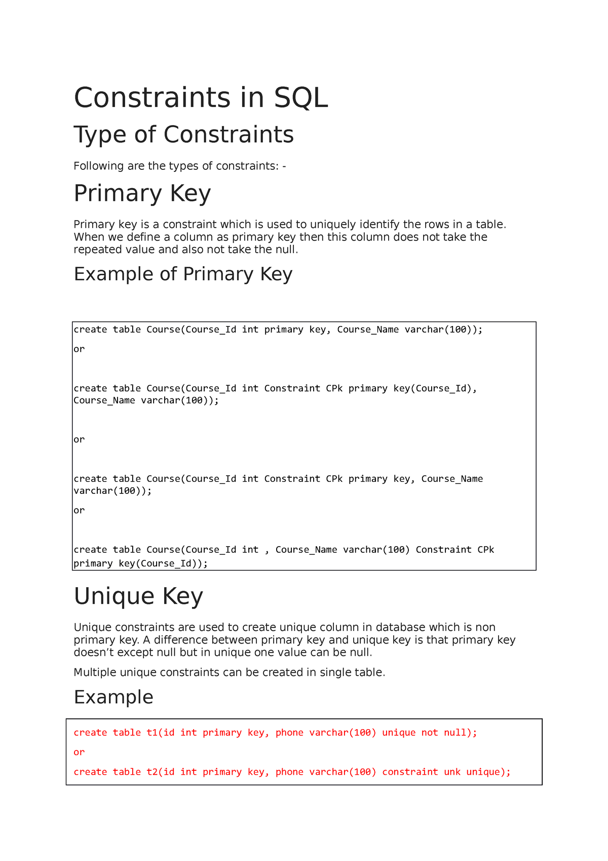 Constraints Sql Types With Examples