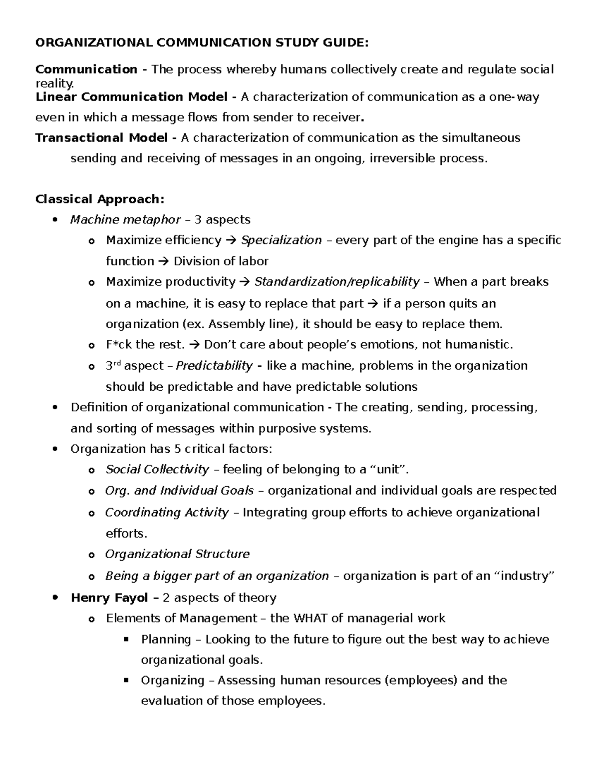 Organizational Communication Study Guide - ORGANIZATIONAL COMMUNICATION ...