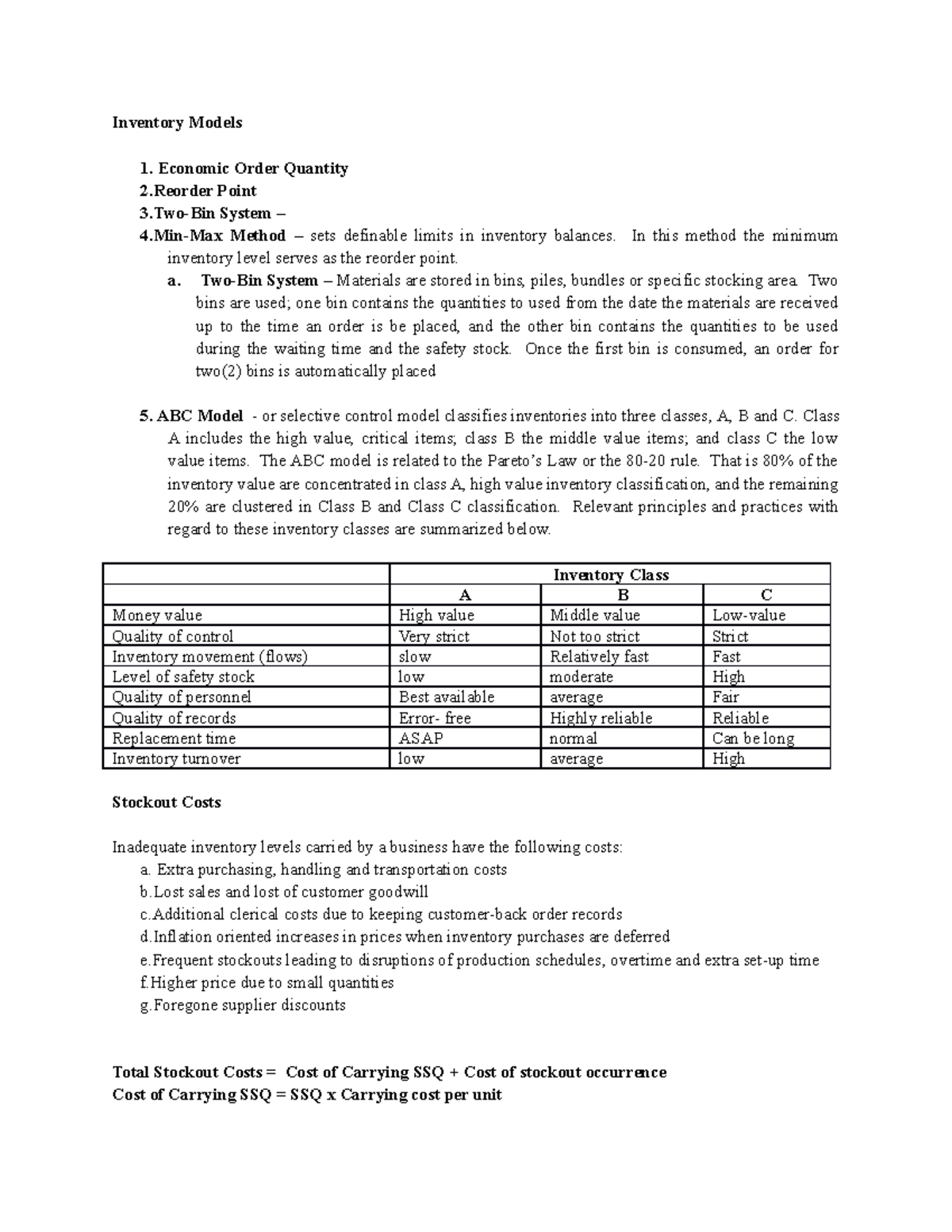 Inventory Models - Strategic Management - Inventory Models Economic ...