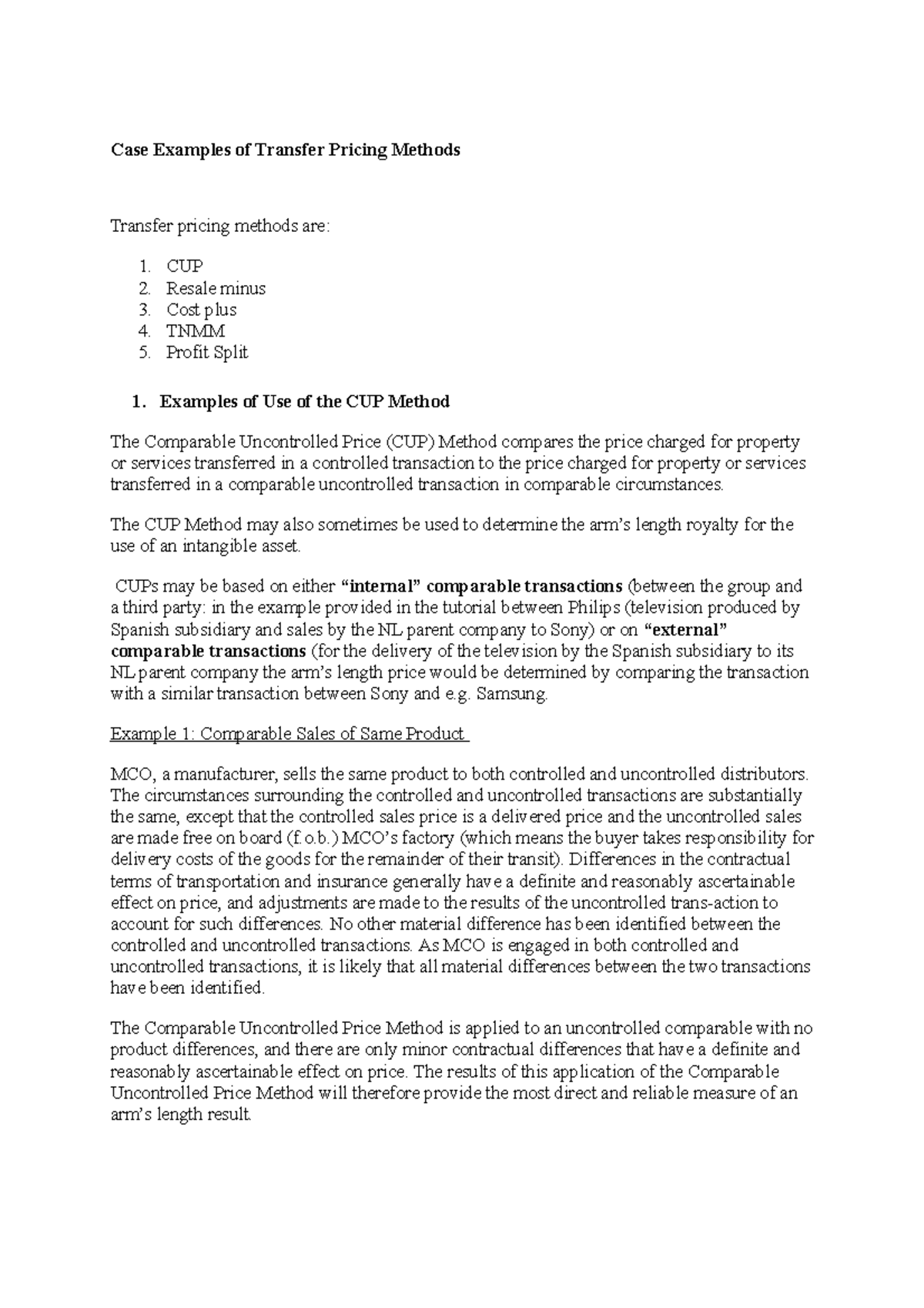 Case Examples of Transfer Pricing Methods Case Examples of Transfer