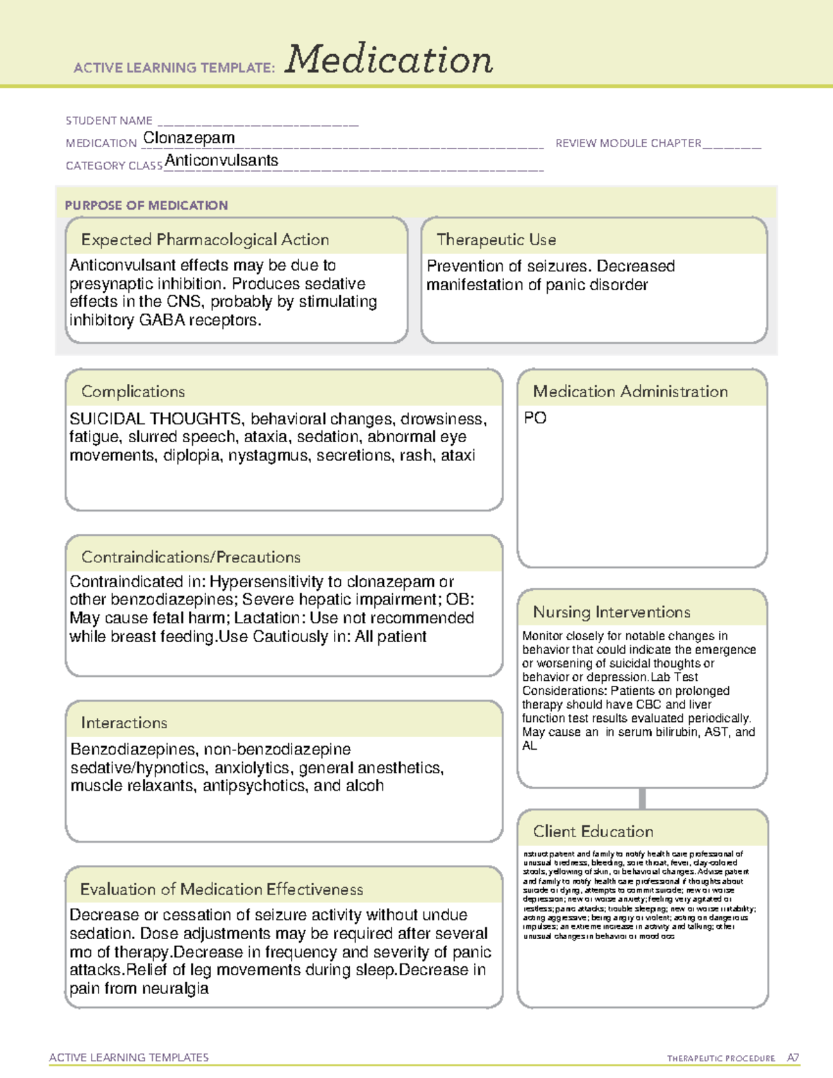 Clonazepam - NCLEX- ATI system disorder - ACTIVE LEARNING TEMPLATES ...