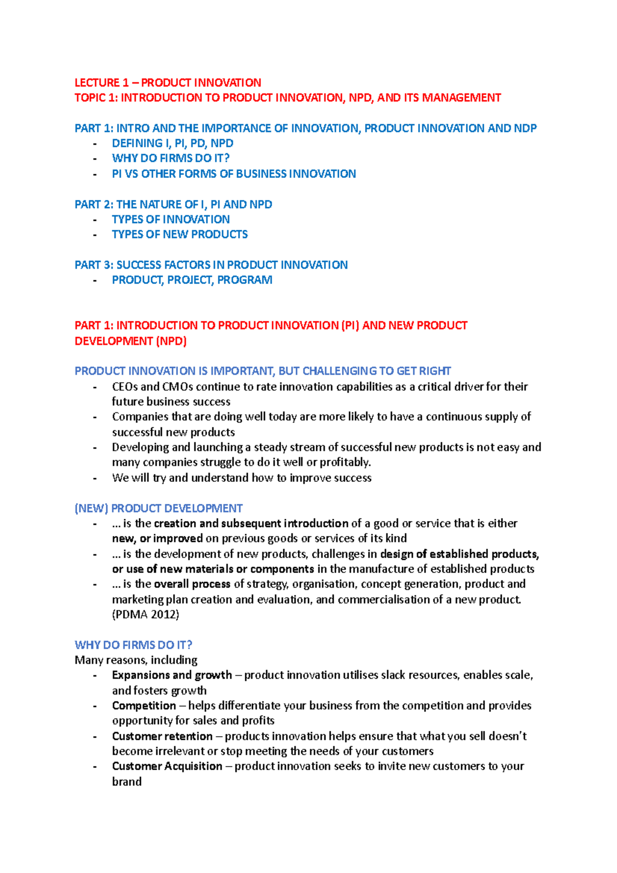 Lecture - Product Innovation AND Management - LECTURE 1 – PRODUCT ...