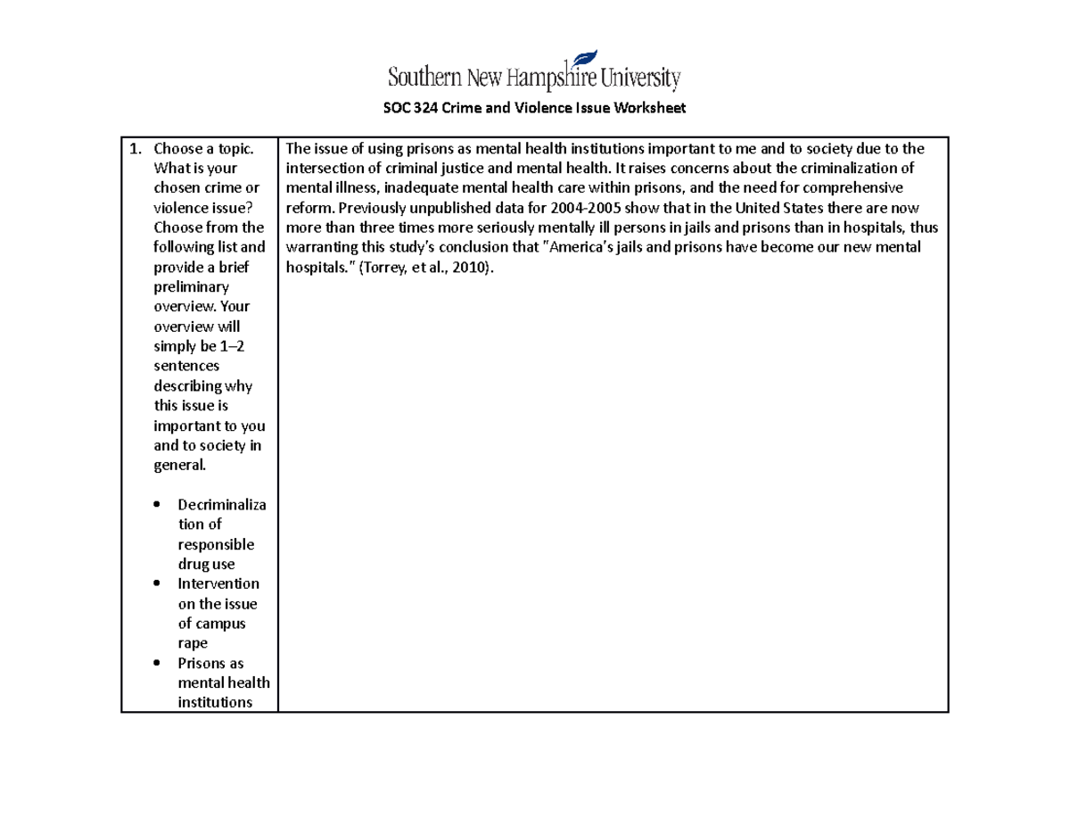 Soc324 crime and violence issue worksheet - SOC 324 Crime and Violence ...