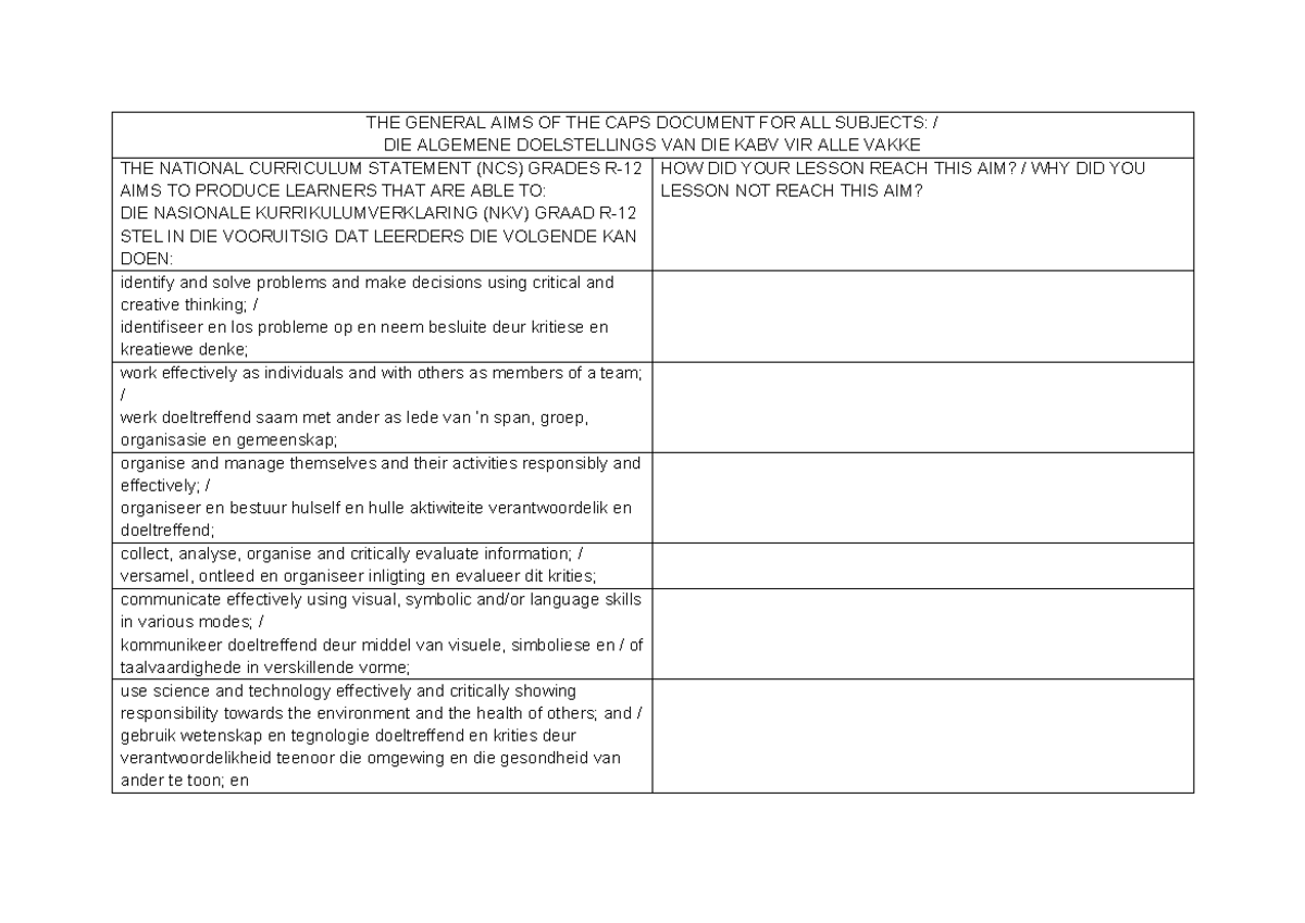 Lesson Reflection - THE GENERAL AIMS OF THE CAPS DOCUMENT FOR ALL ...