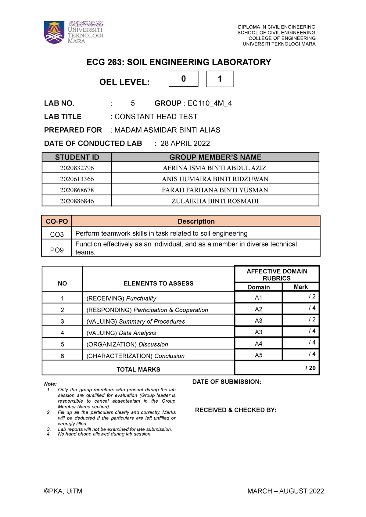 LAB Report 5 ECG263 Constant HEAD TEST - DIPLOMA IN CIVIL ENGINEERING ...