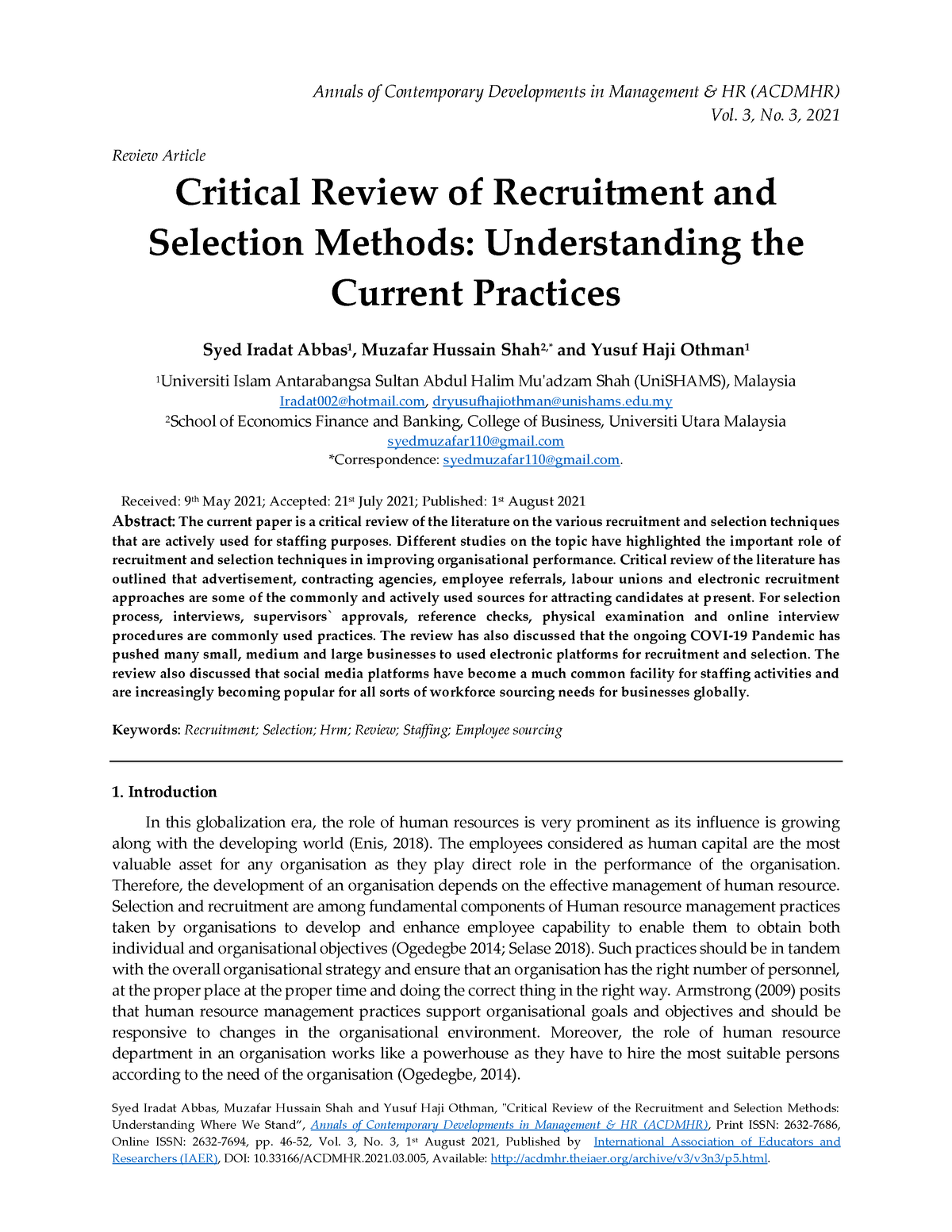 research papers on recruitment and selection process