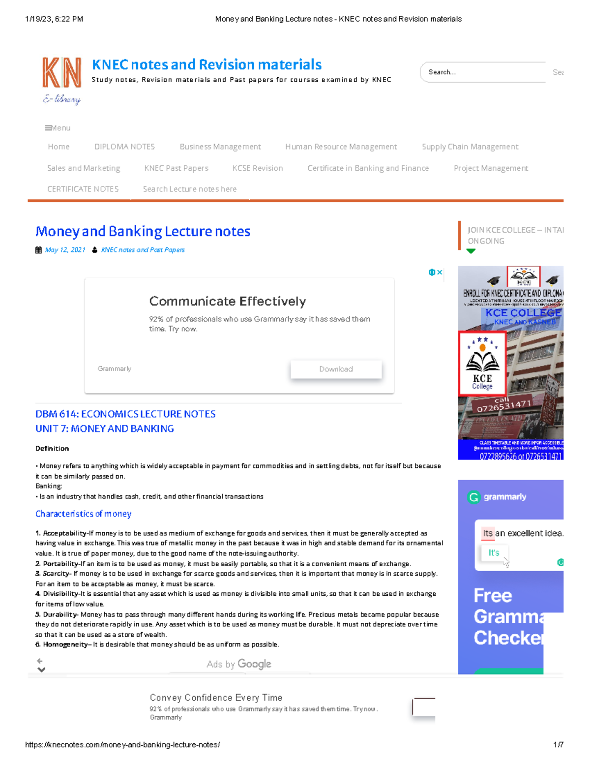 Money and Banking Lecture notes KNEC notes and Revision materials