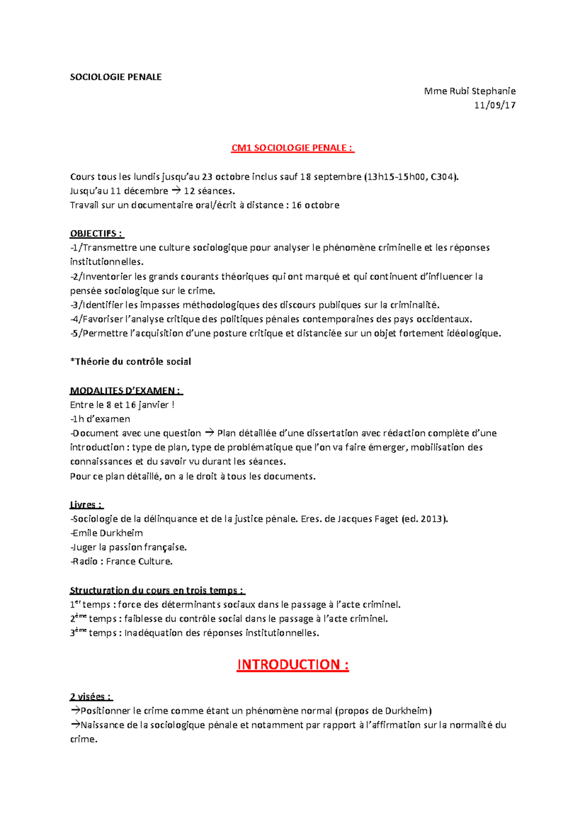 Sociologie Penale Cours Complet Sociologie Penale Mme Rubi Stephanie 11 09 17 Studocu