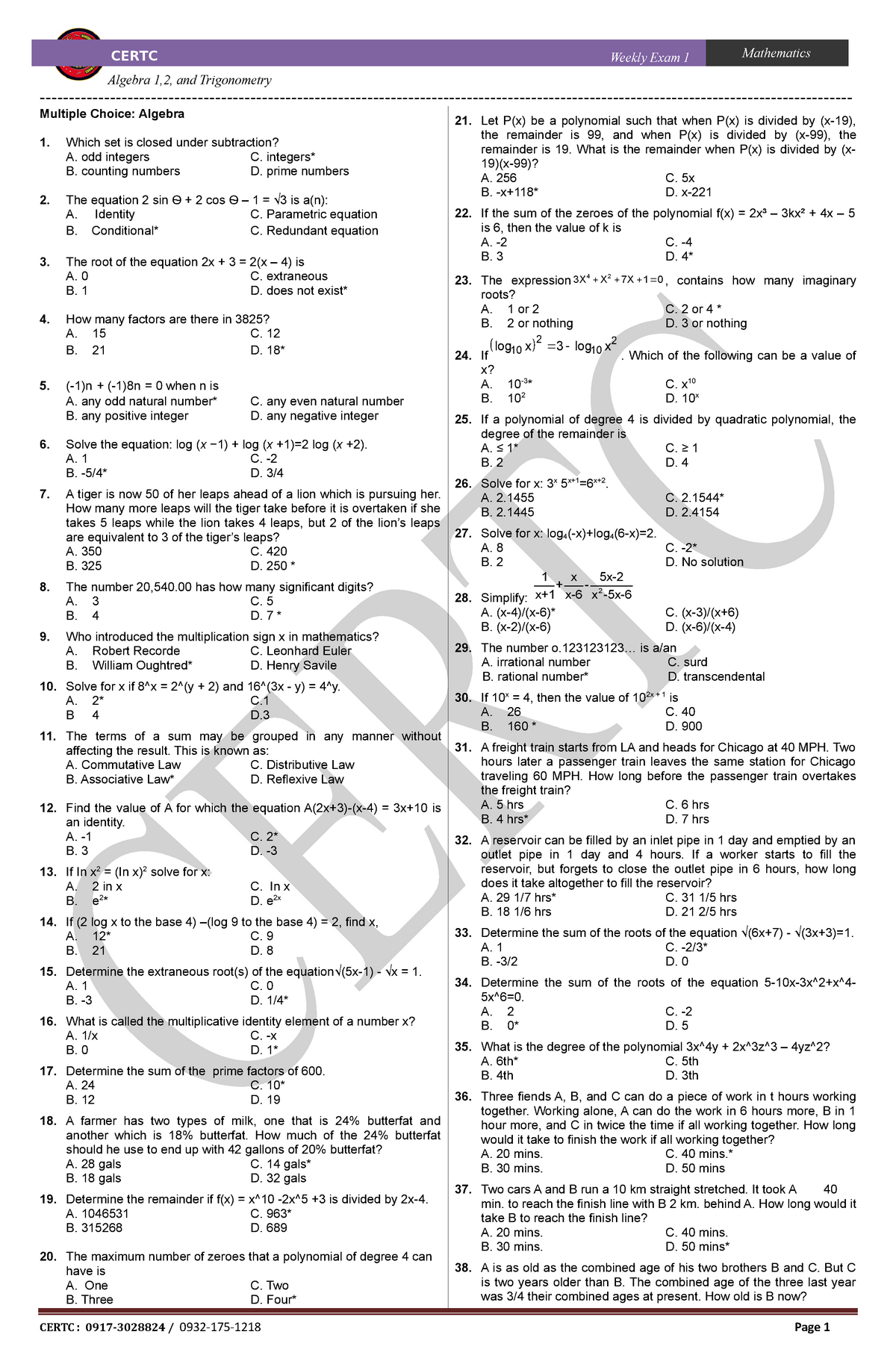 W-Exam 1(online) Algebra 1 Algebra 2 Algebra 3 Algebra 4 - Multiple ...