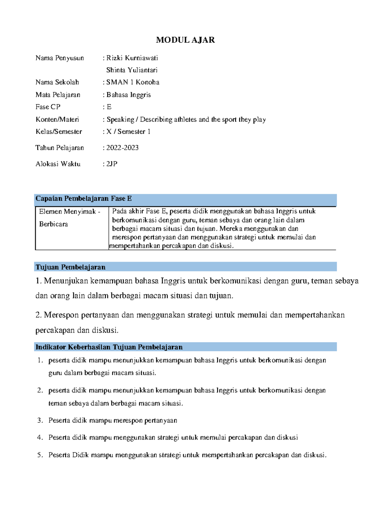 Template Modul Ajar kel 1 - Speaking - Capaian Pembelajaran Fase E ...