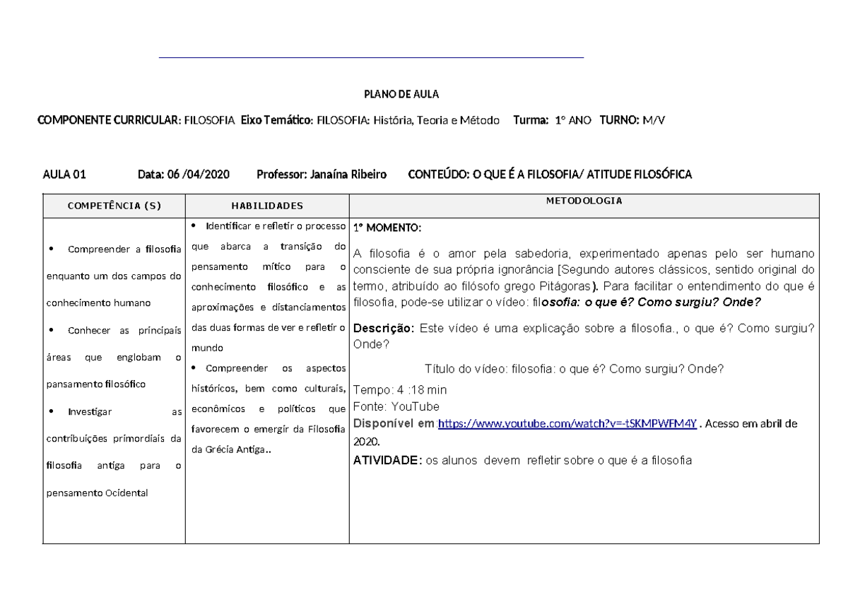 Plano de Aula nº 1 - Filosofia - PLANO DE AULA COMPONENTE CURRICULAR ...