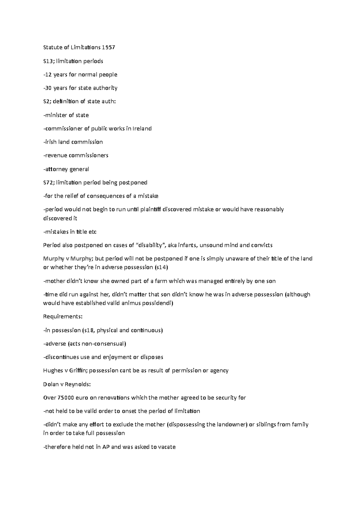 Adverse possession exam notes Statute of Limitations 1957 S13