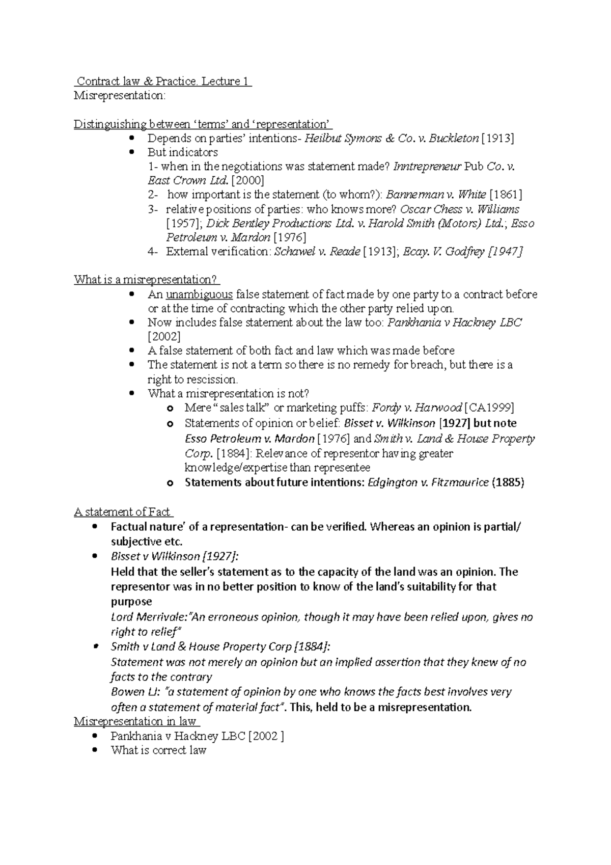Misrepresentation - Contract law & Practice. Lecture 1 ...