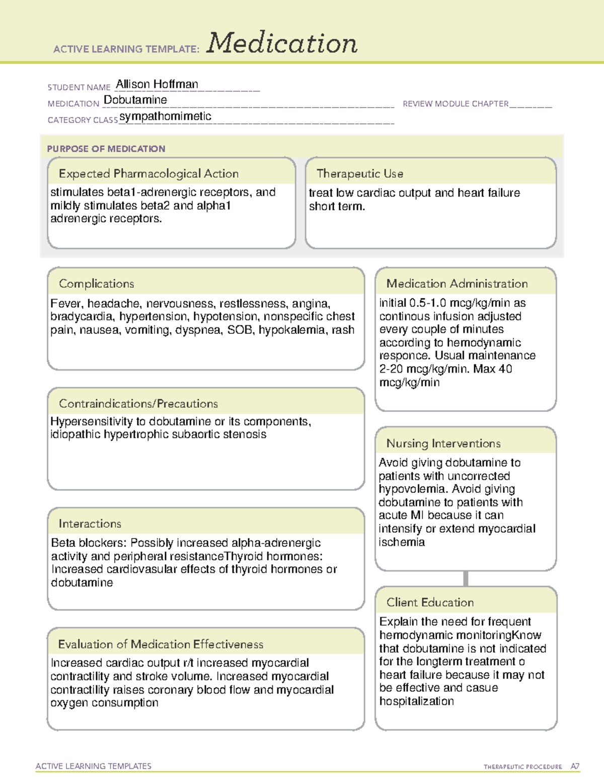 Dobutamine med card - ACTIVE LEARNING TEMPLATES THERAPEUTIC PROCEDURE A ...