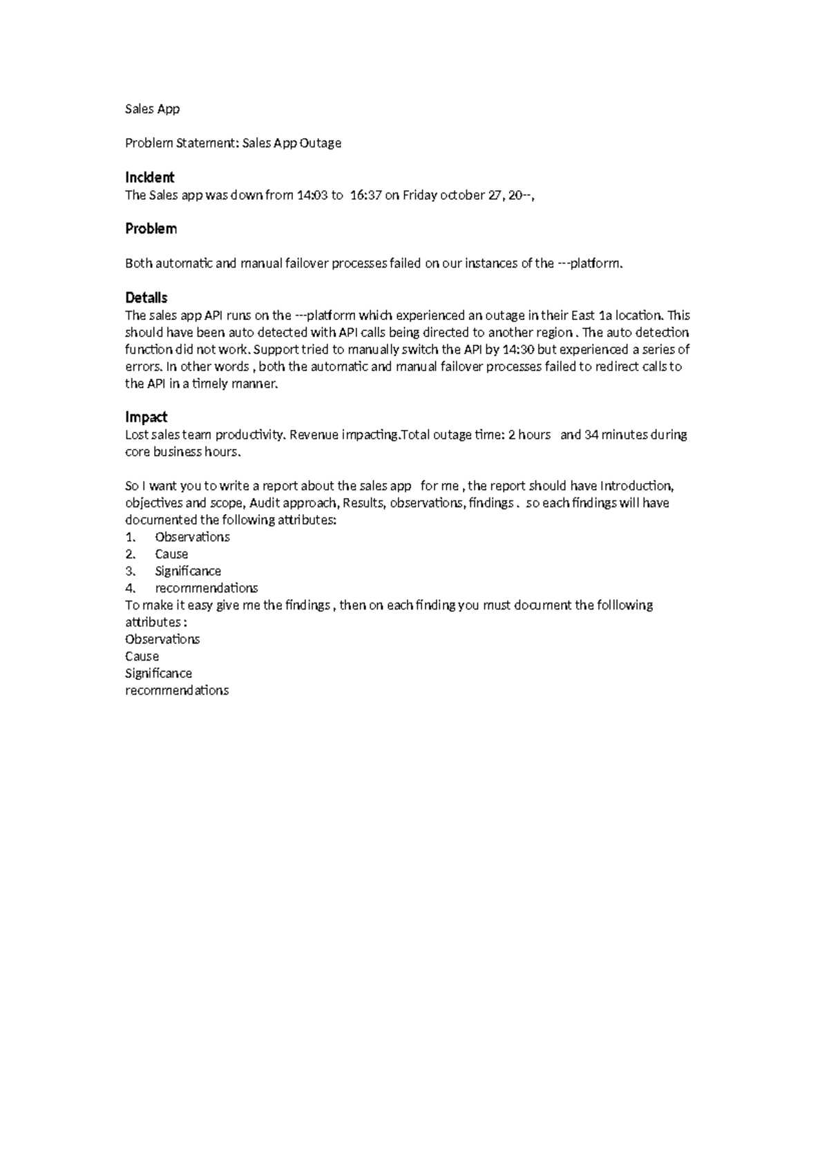 Sales App - practical - Sales App Problem Statement: Sales App Outage ...