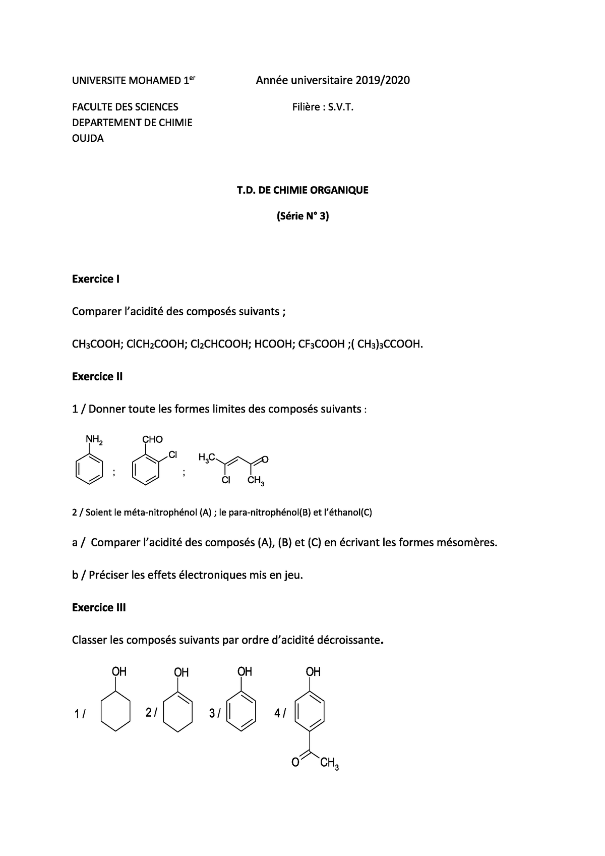 Chimie II Chimie Organique-TD3-SVI-S2 - Sciences De La Vie - Studocu