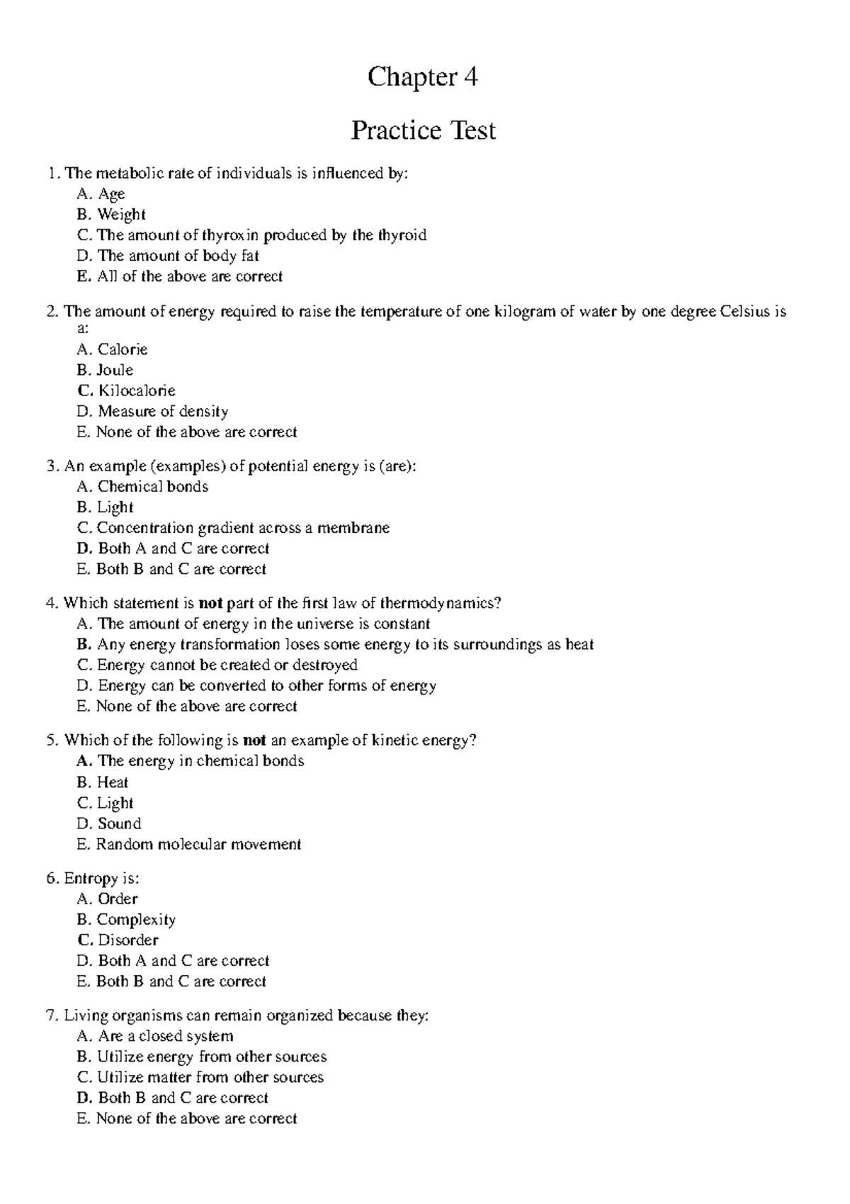 106 Practice test Chapter 4 Chapter 4 Practice Test The metabolic