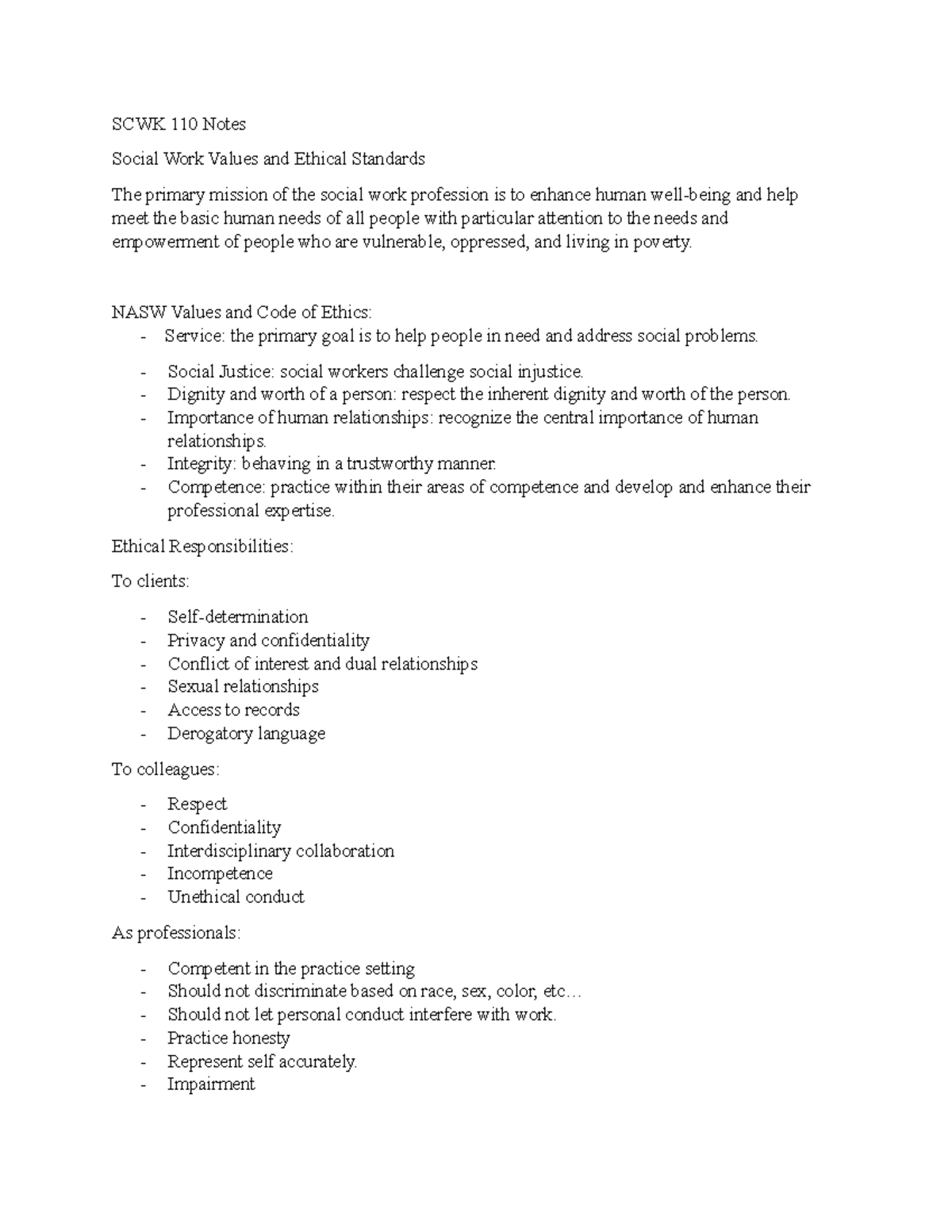 SCWK 110 Notes Values - SCWK 110 Notes Social Work Values and Ethical ...