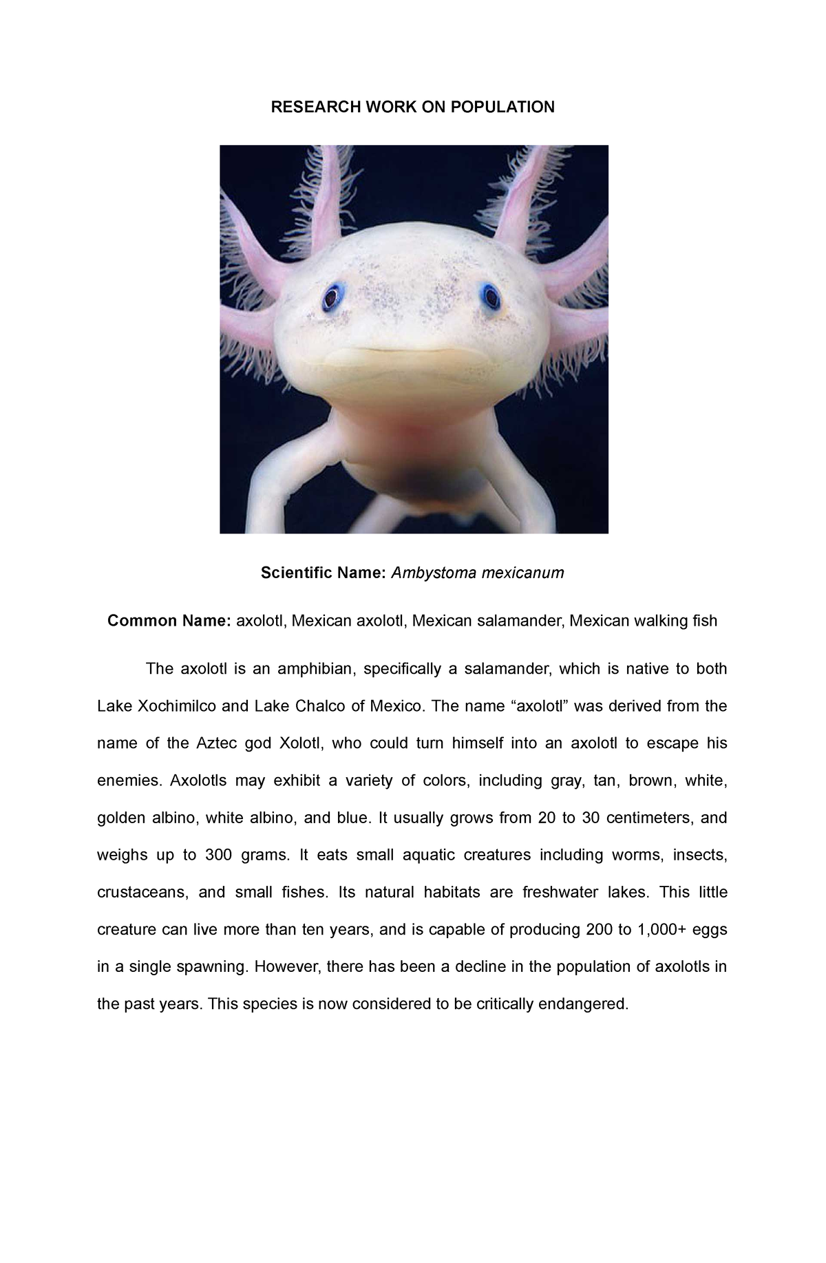 Science Report Axolotl Population RESEARCH WORK ON POPULATION