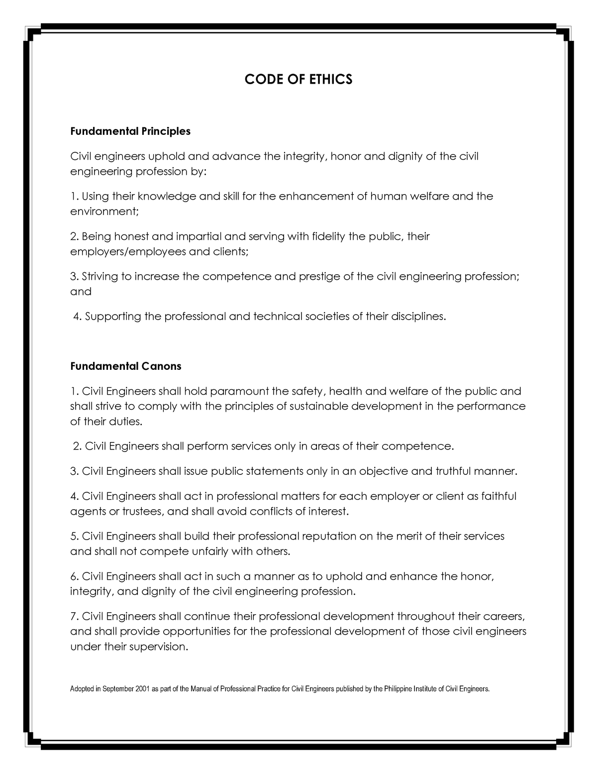 CODE OF Ethics For CE CODE OF ETHICS Fundamental Principles Civil 