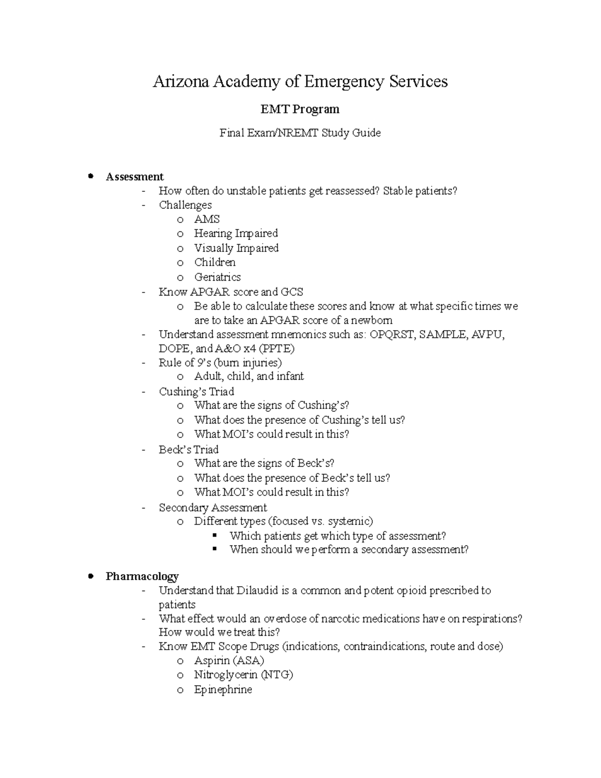 Final Exam Study Guide (2017 )(2021) - Arizona Academy of Emergency ...