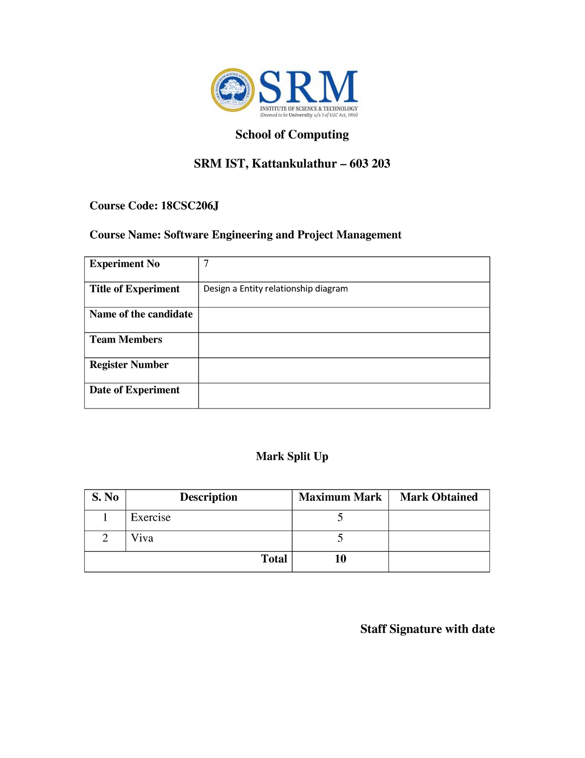 18CSC206J-SEPM-Ex-7 - SEPM - School Of Computing SRM IST ...